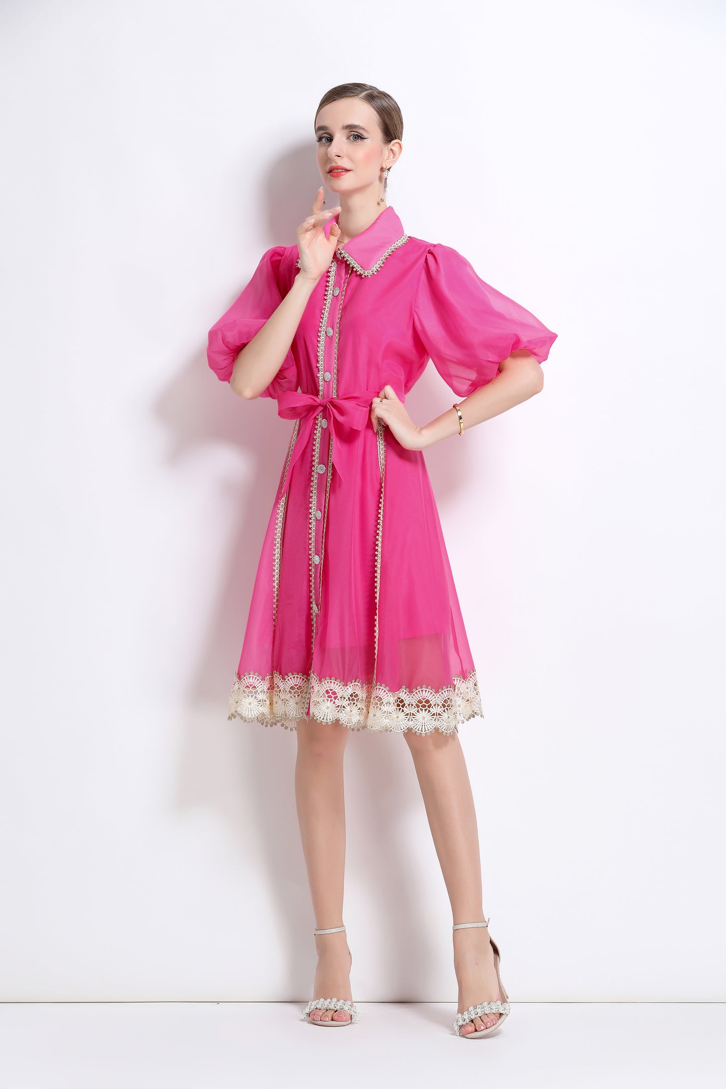 Hot Pink Organza Button Up Mini Dress