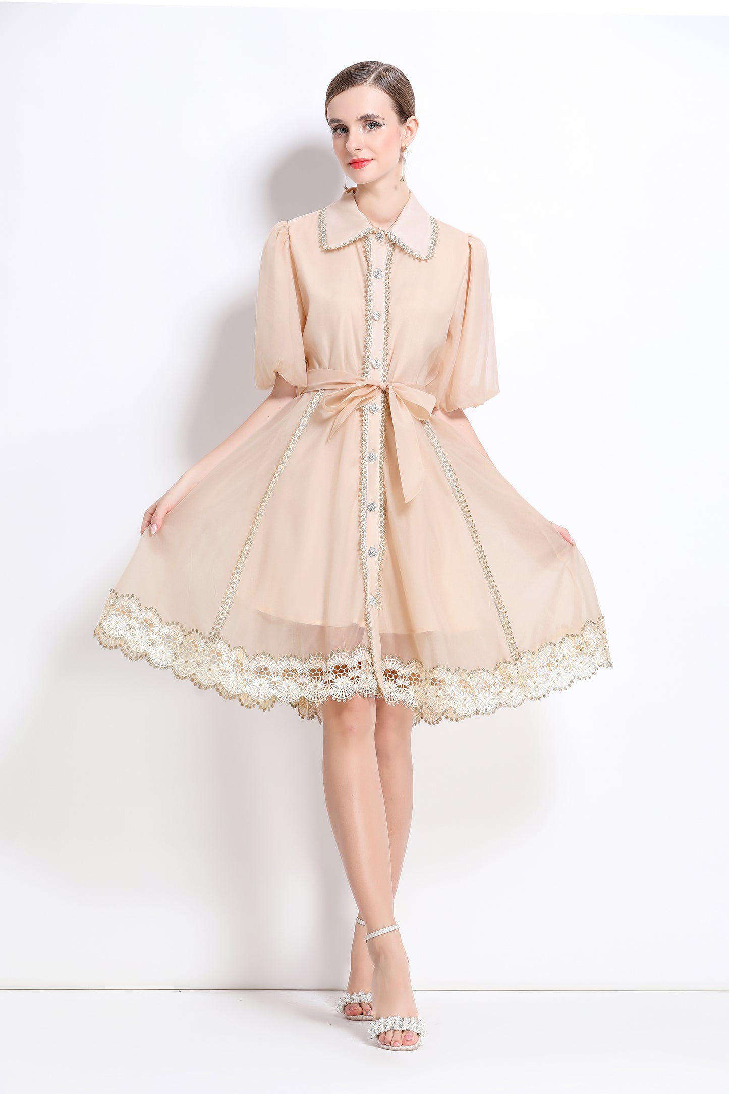 Women's Organza Lantern Sleeve Lace Midi Dress - LAI MENG FIVE CATS