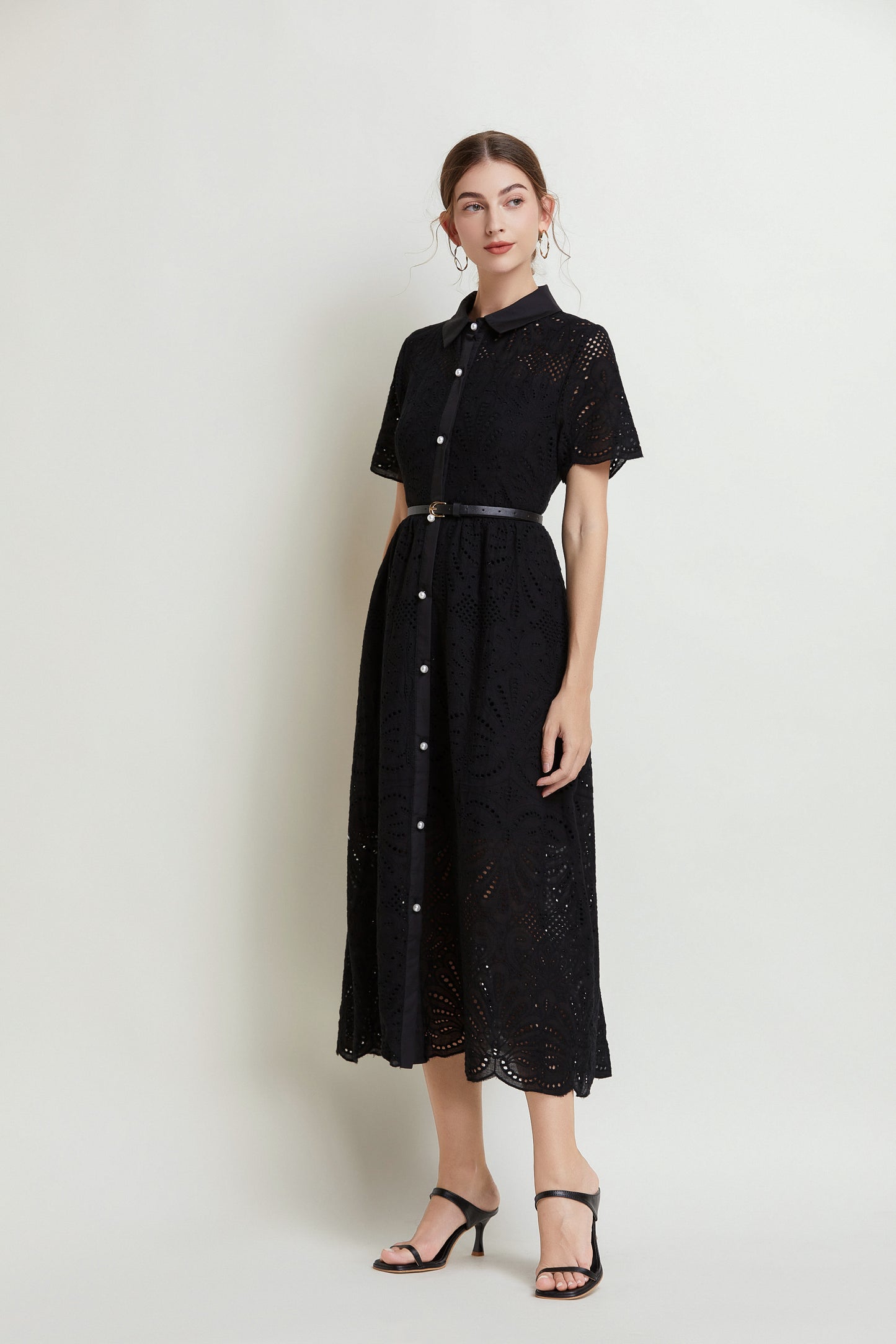 Women's Lace Hollow Collar Short Sleeve Midi Dress