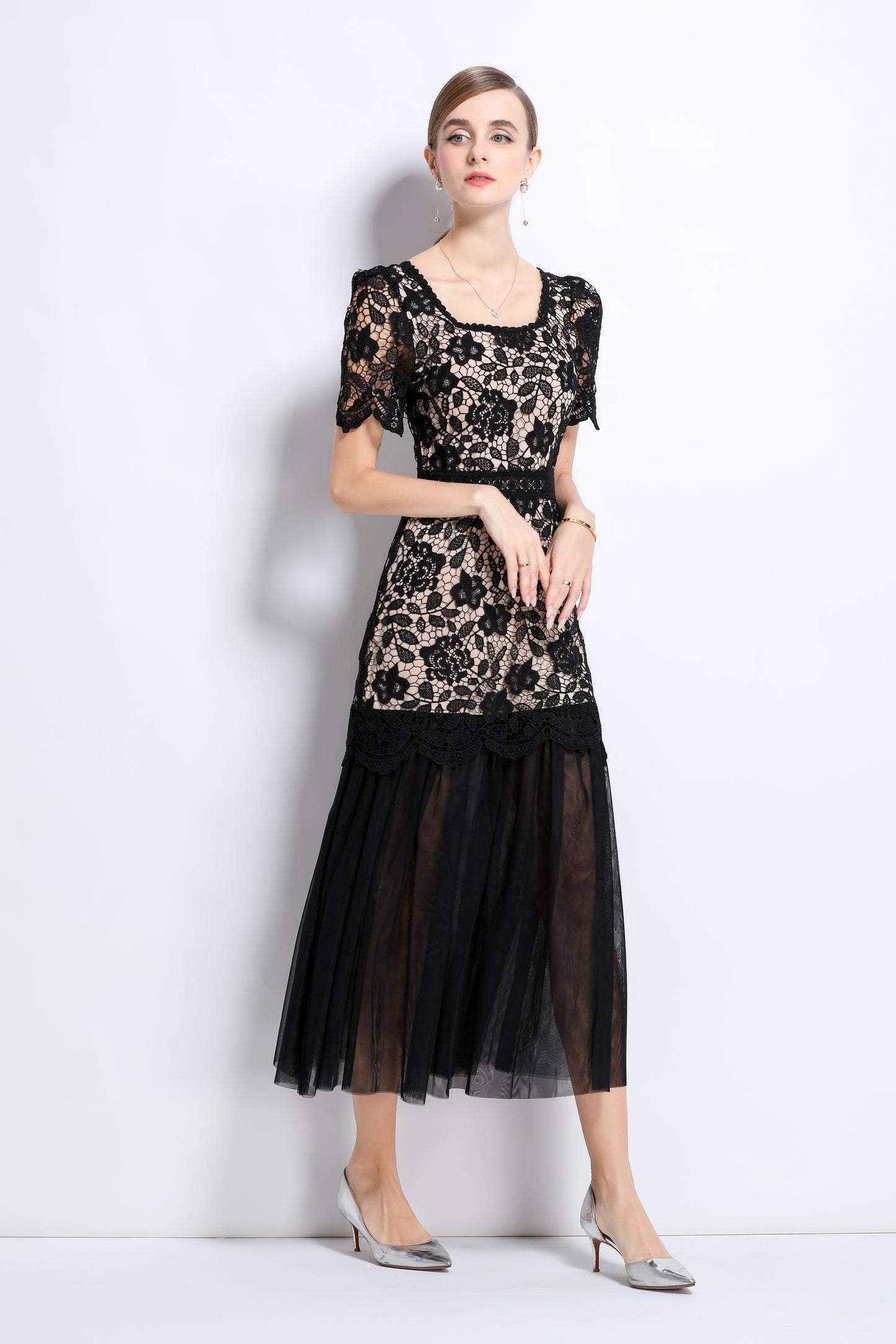 Elegant Feminine Black Square Collar Lace&Mesh Midi Dress - LAI MENG FIVE CATS