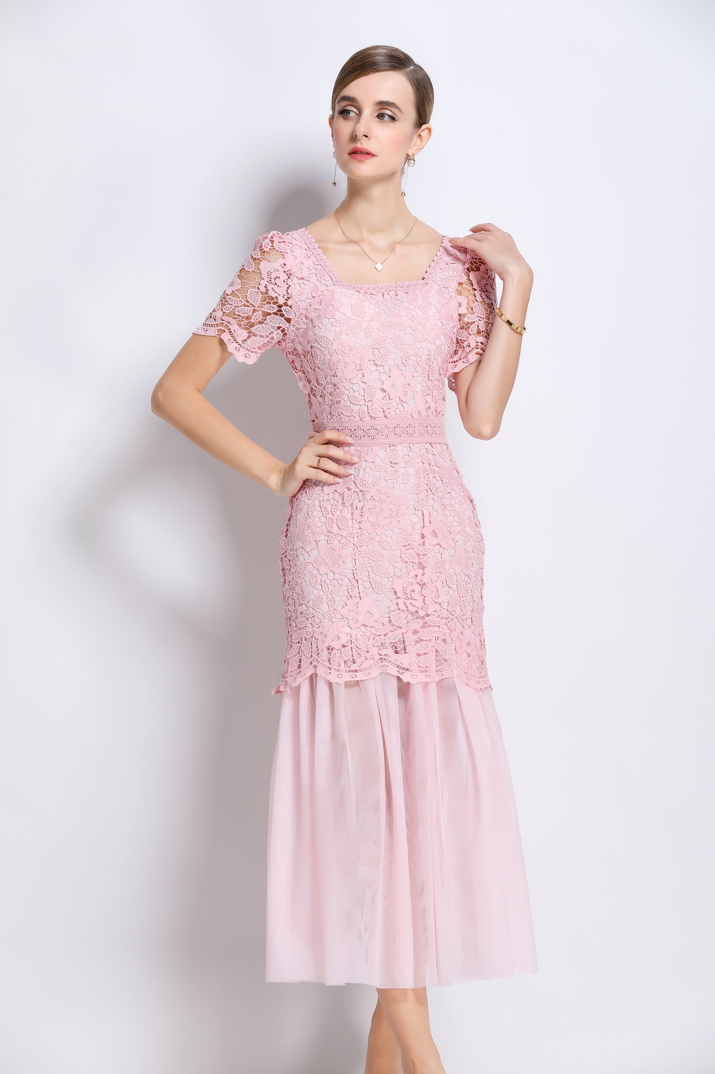 Elegant Feminine Pink Square Collar Lace&Mesh Midi Dress - LAI MENG FIVE CATS