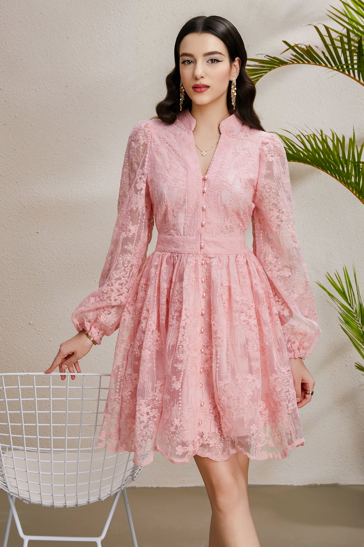 Women's V-Neck Lace Lantern Sleeve Pleated Mini Dress
