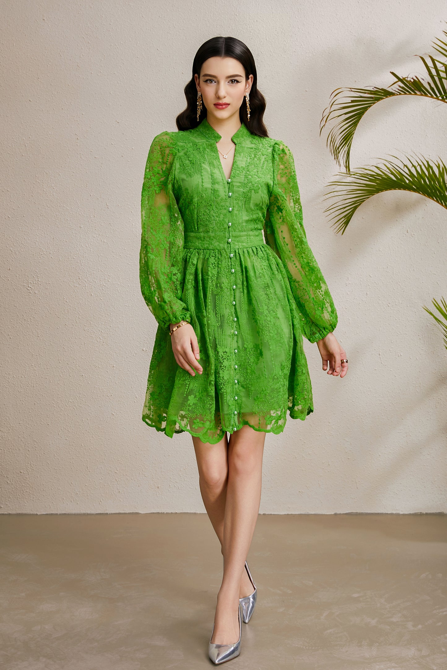 Women's V-Neck Lace Lantern Sleeve Pleated Mini Dress