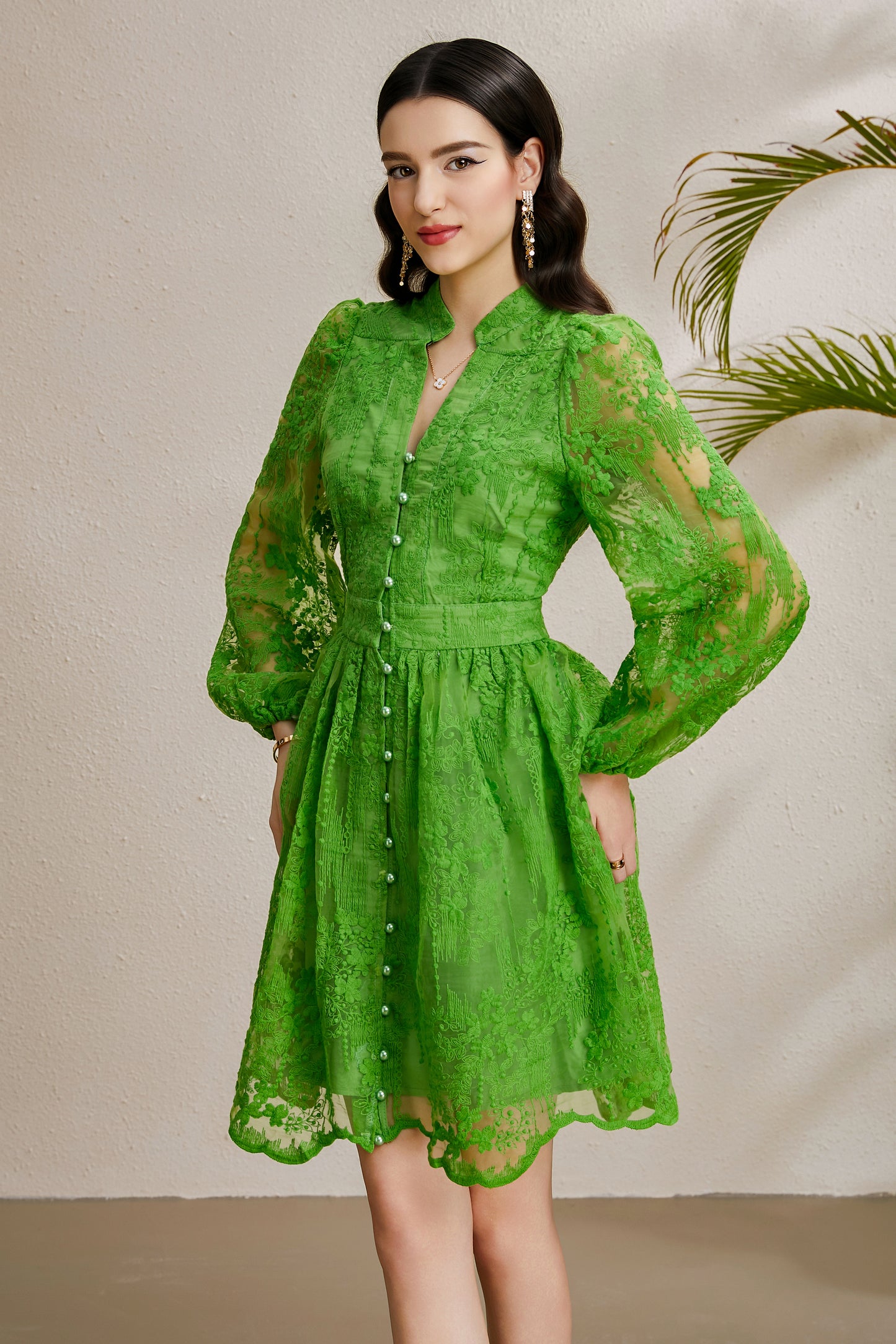 Women's V-Neck Lace Lantern Sleeve Pleated Mini Dress