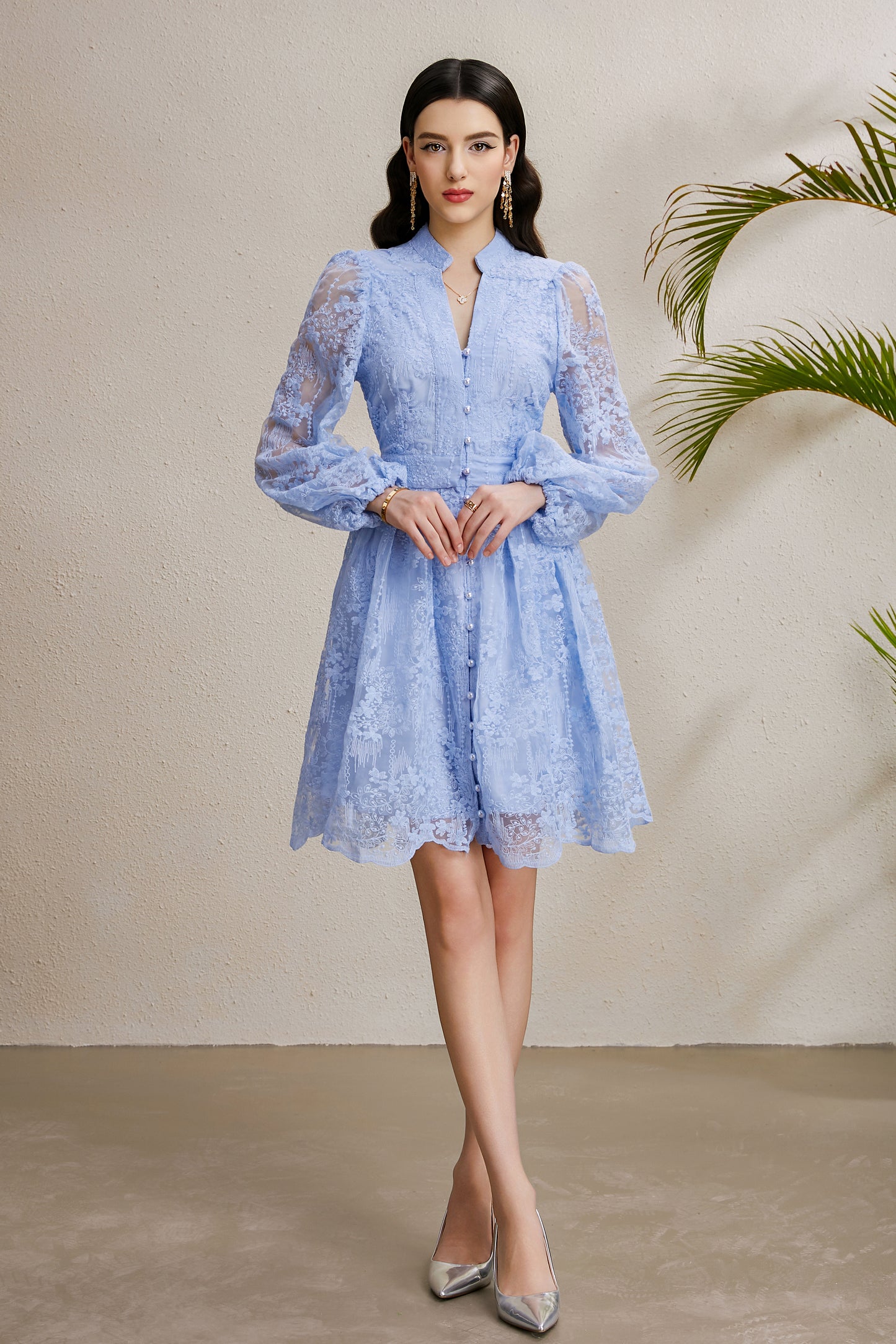 Women's V-Neck Lace Lantern Sleeve Pleated Mini Dress