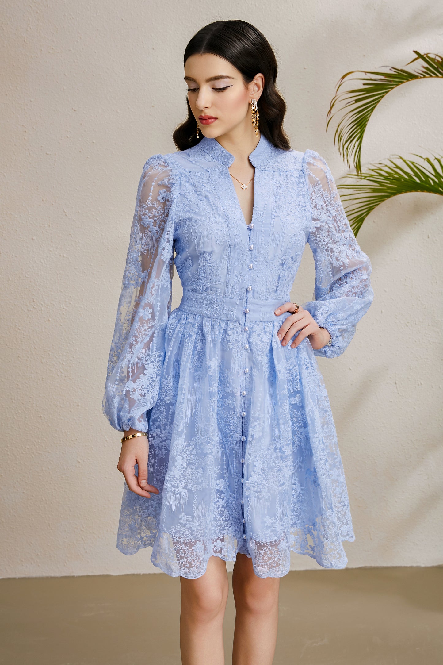 Women's V-Neck Lace Lantern Sleeve Pleated Mini Dress