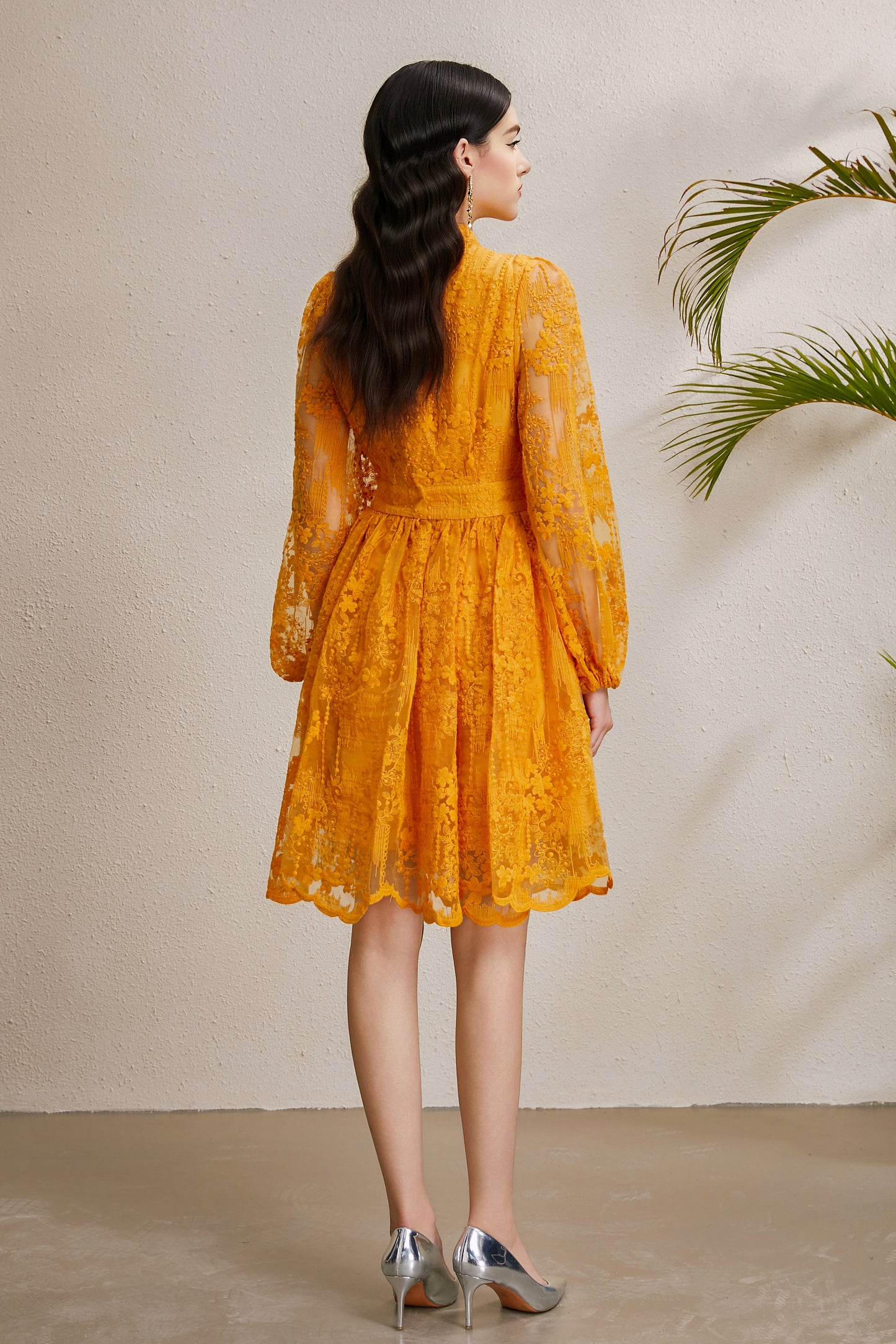 Women's V-Neck Lace Lantern Sleeve Pleated Mini Dress