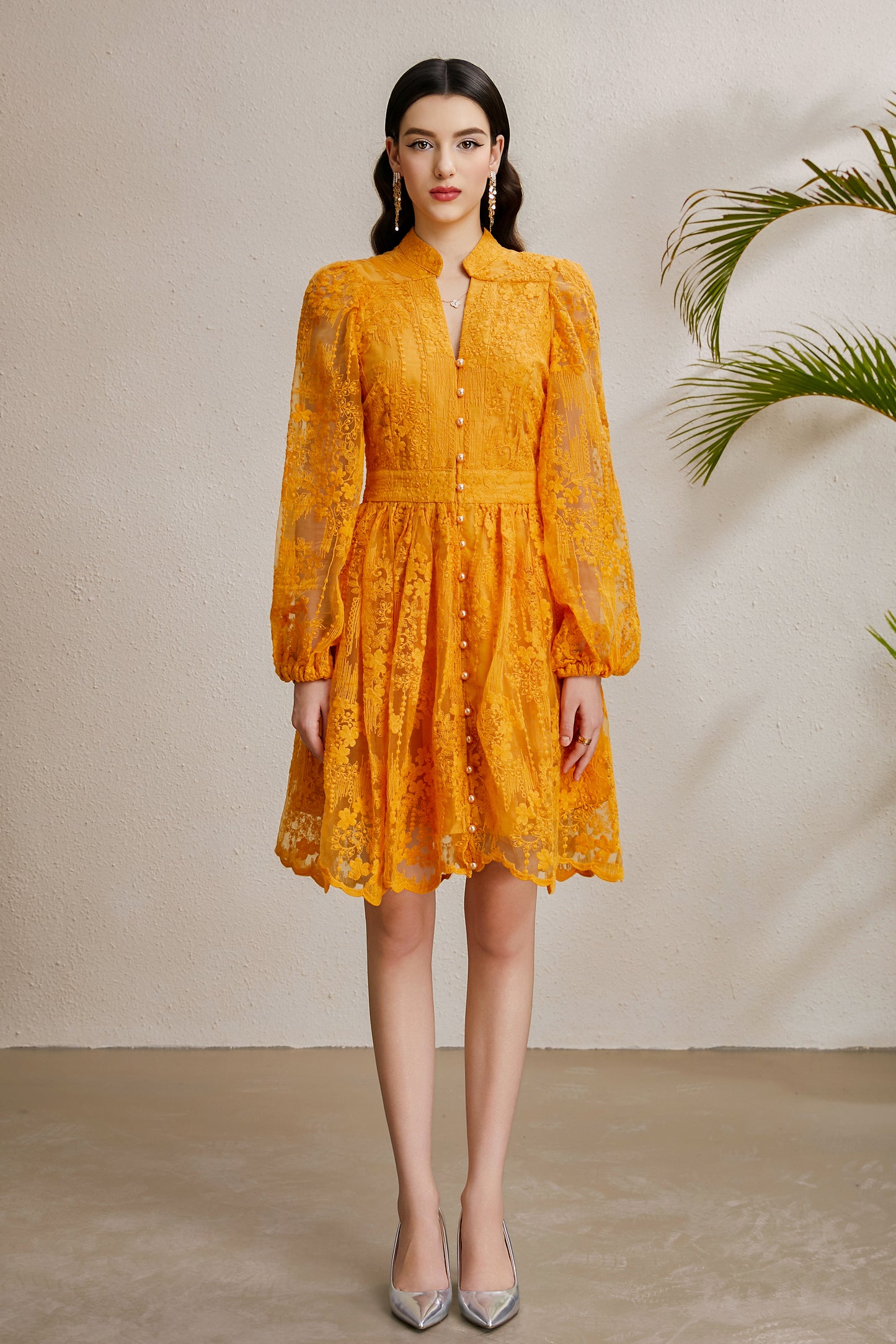 Women's V-Neck Lace Lantern Sleeve Pleated Mini Dress