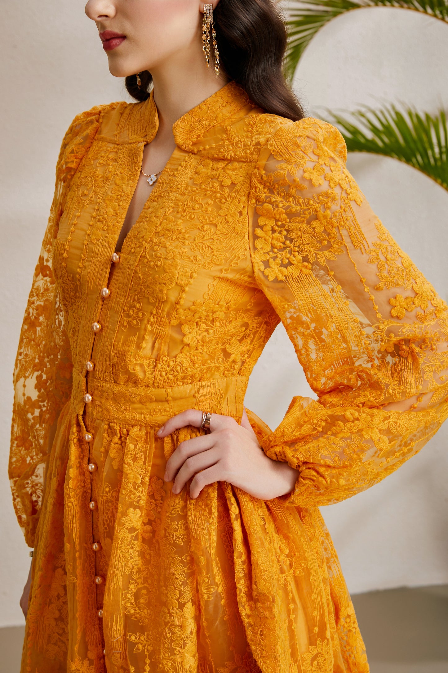 Women's V-Neck Lace Lantern Sleeve Pleated Mini Dress