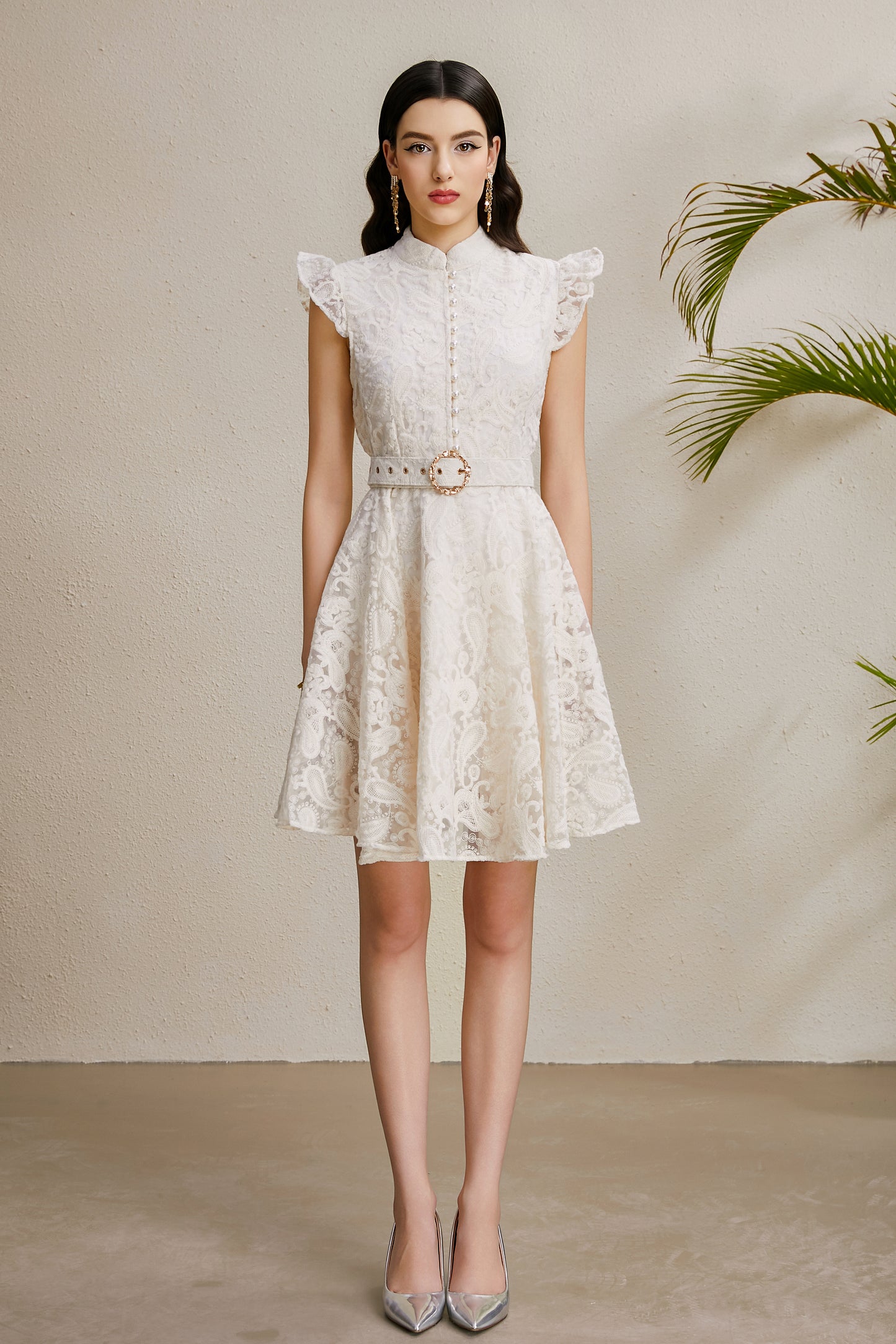 Women's Sleeveless Ruffle Sleeve Lace Mini Dress