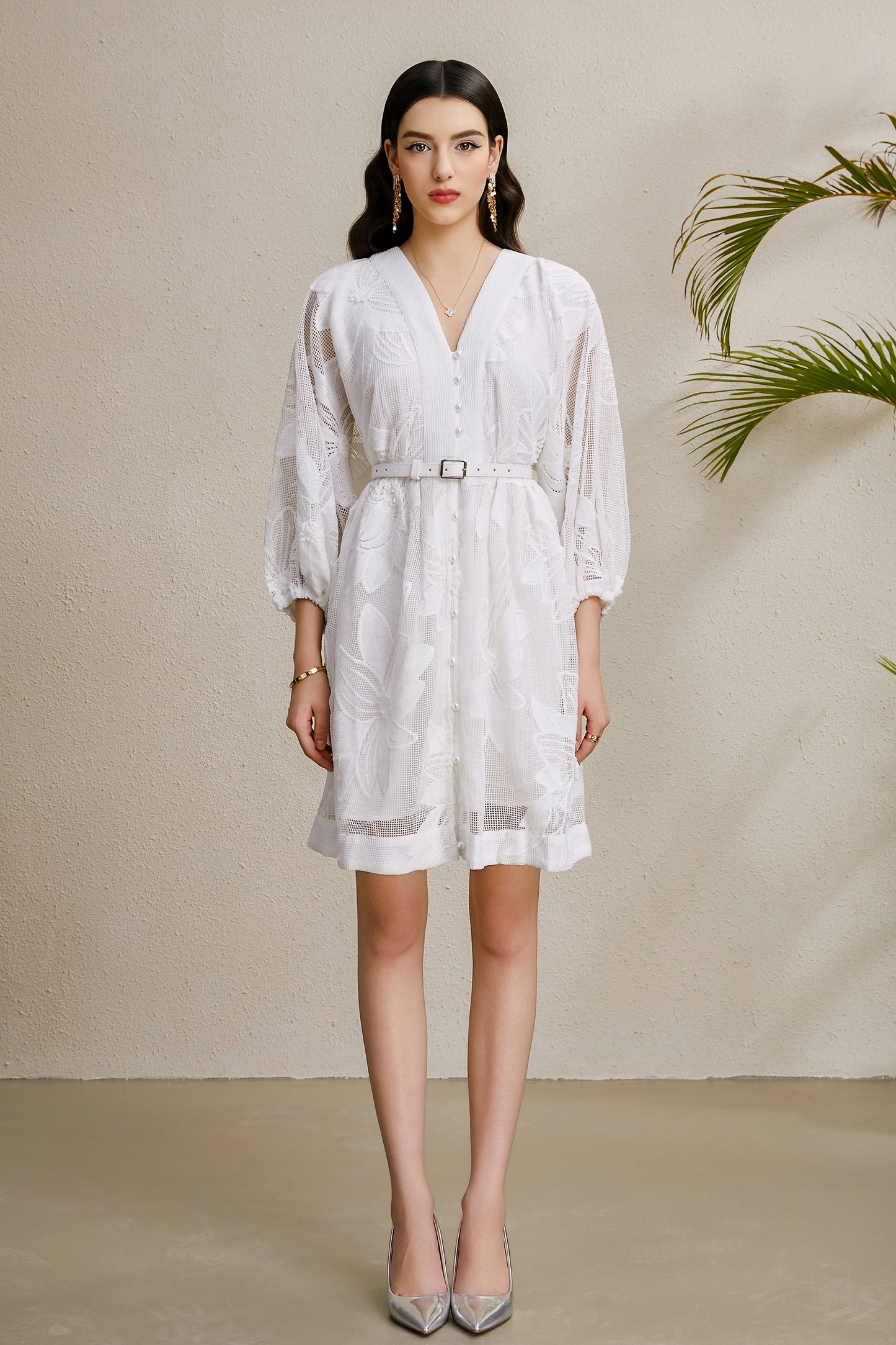 Women's V-Neck Hollow Lace Puff Sleeve Mini Dress