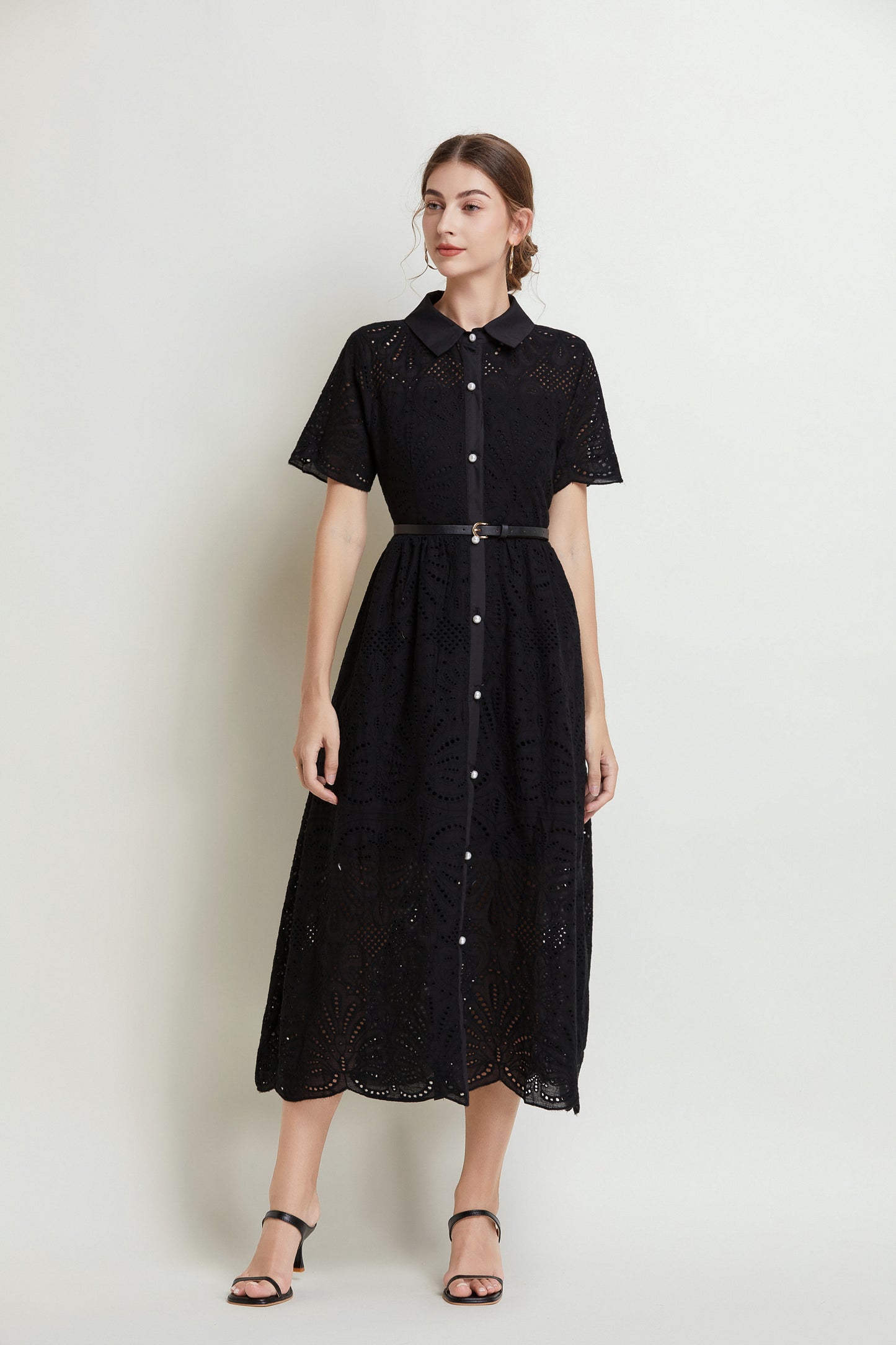 Women's Lace Hollow Collar Short Sleeve Midi Dress