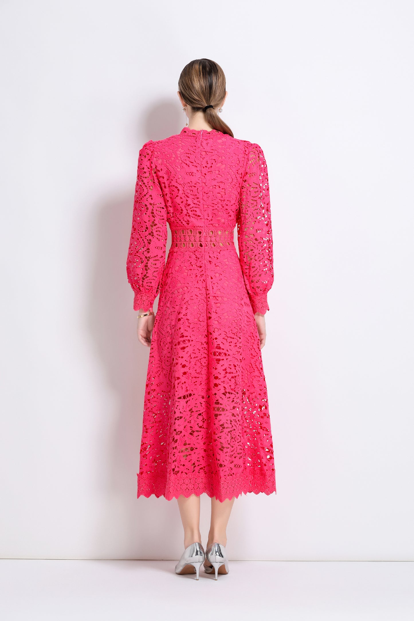 Women's Puff Long Sleeve Hollow Lace Maxi Dress