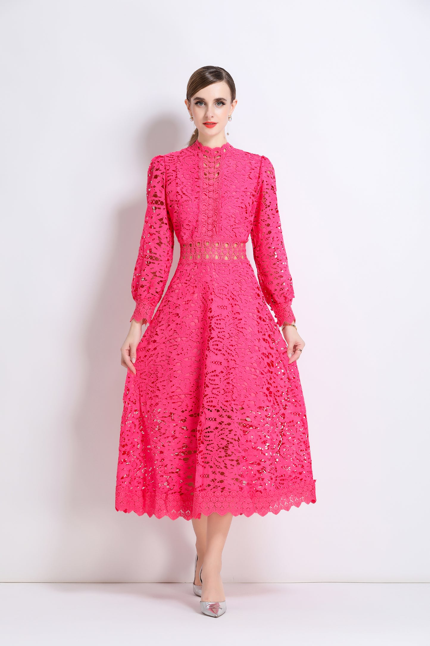 Women's Puff Long Sleeve Hollow Lace Maxi Dress