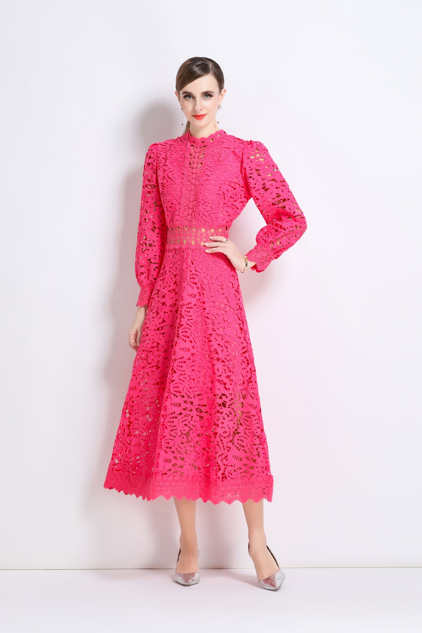 Women's Puff Long Sleeve Hollow Lace Maxi Dress