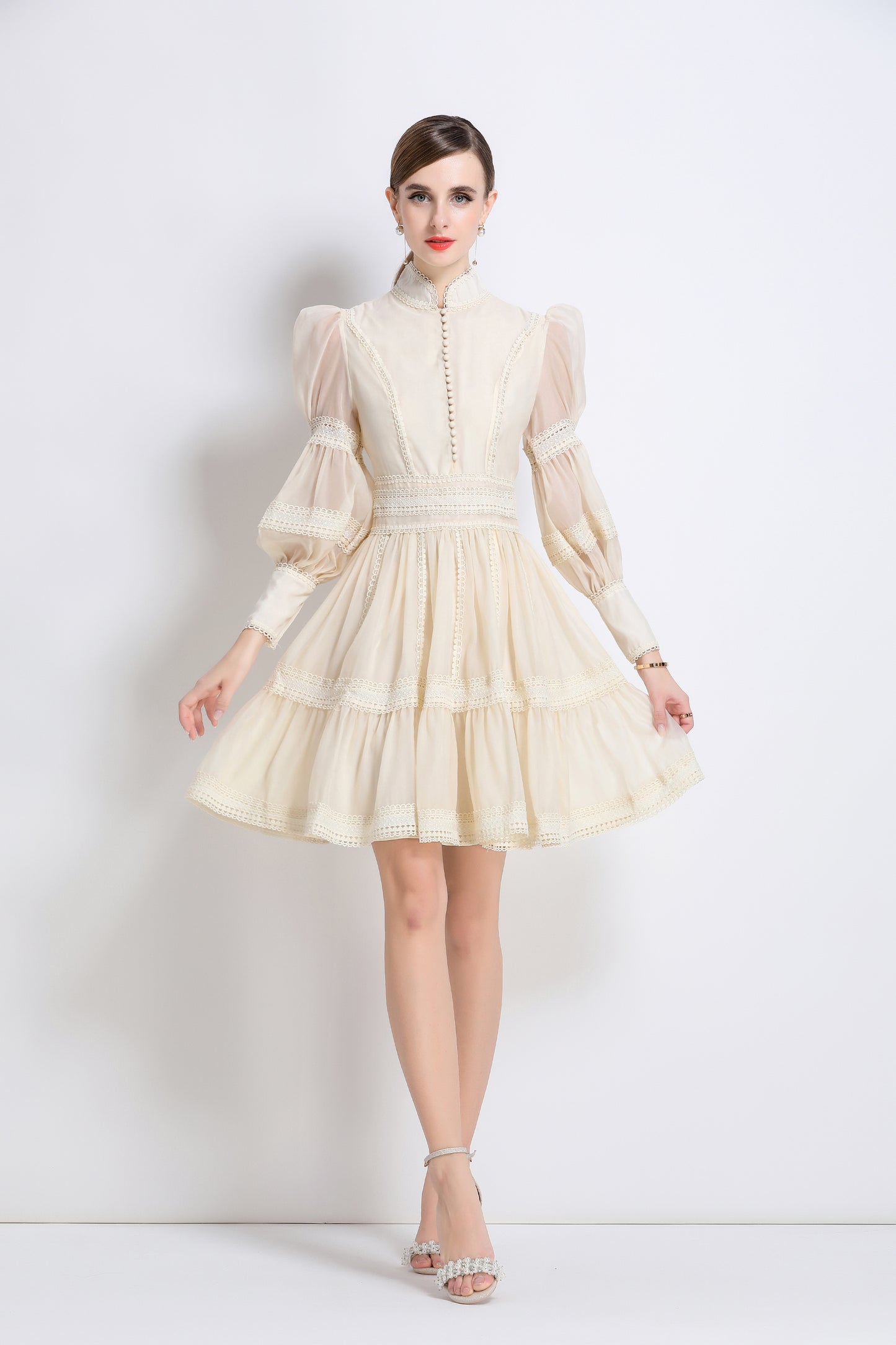 Women's Puff Sleeves Hollow Mesh Pleat Mini Dress