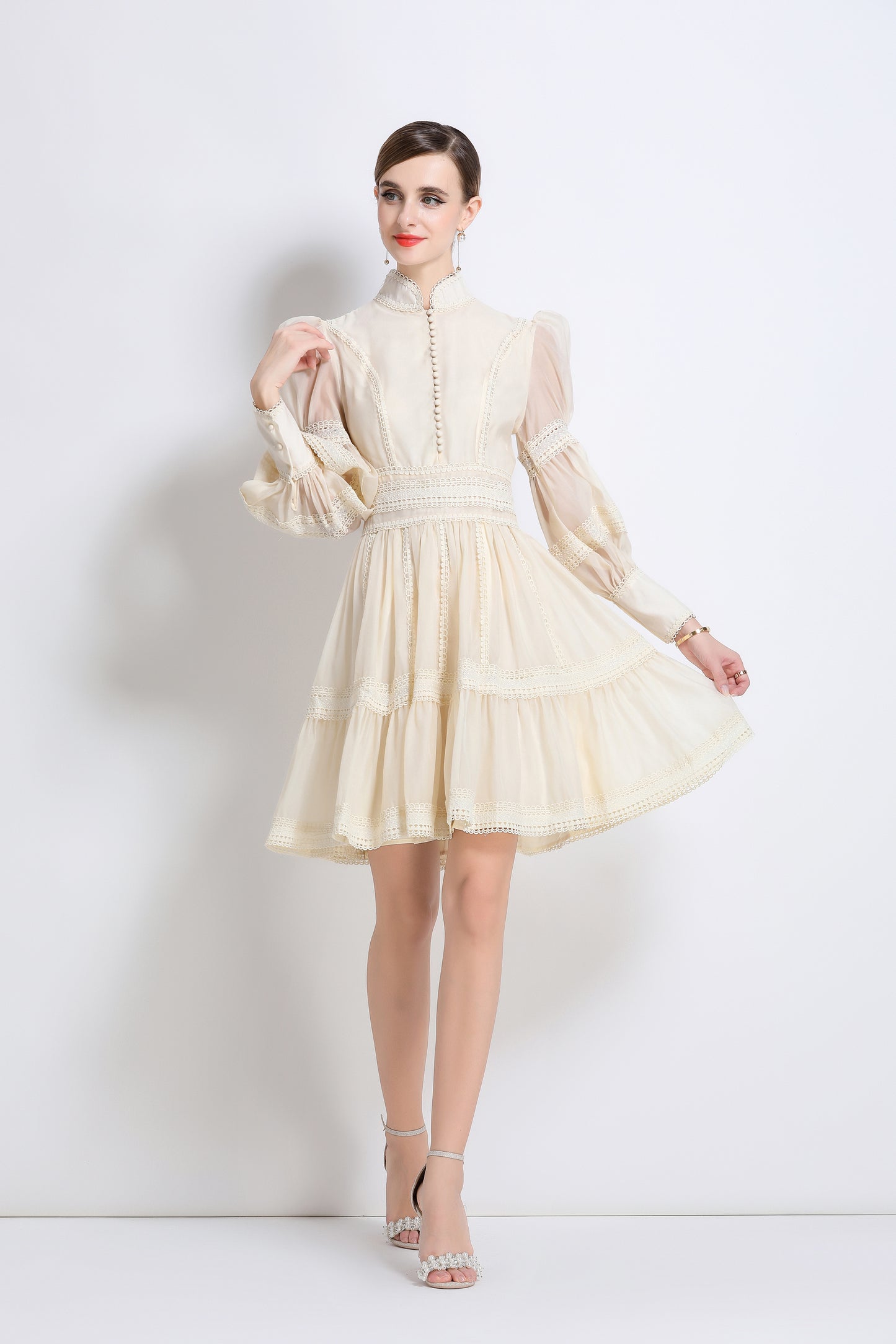 Women's Puff Sleeves Hollow Mesh Pleat Mini Dress