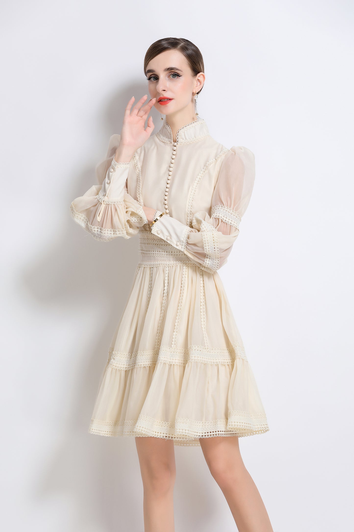 Women's Puff Sleeves Hollow Mesh Pleat Mini Dress - LAI MENG FIVE CATS