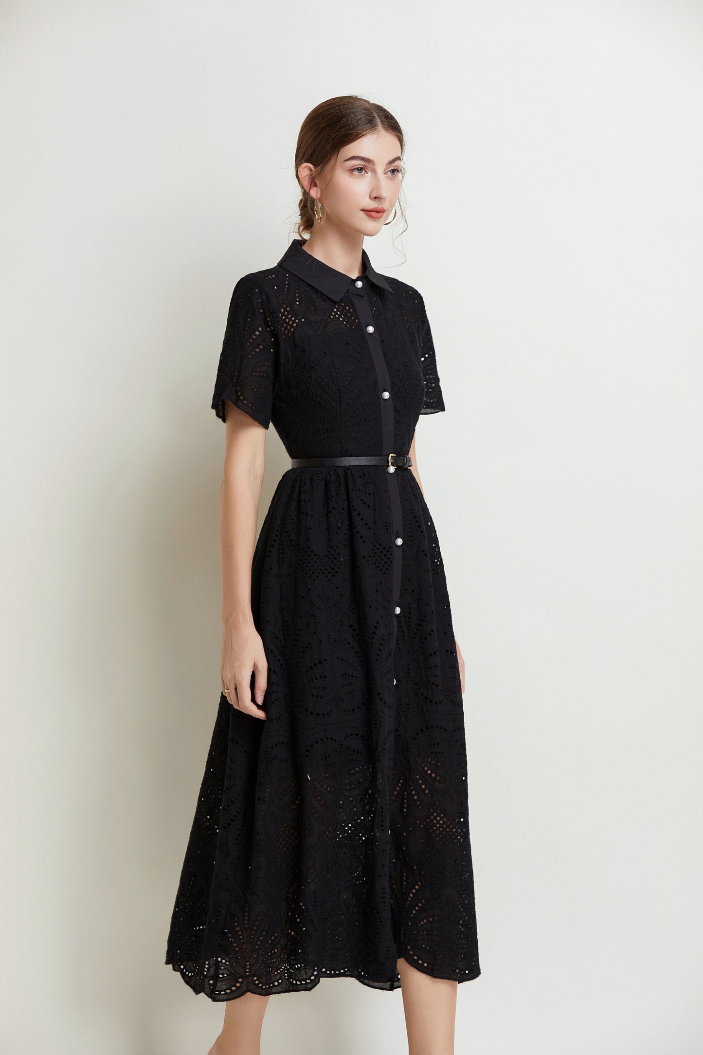 Women's Lace Hollow Collar Short Sleeve Midi Dress