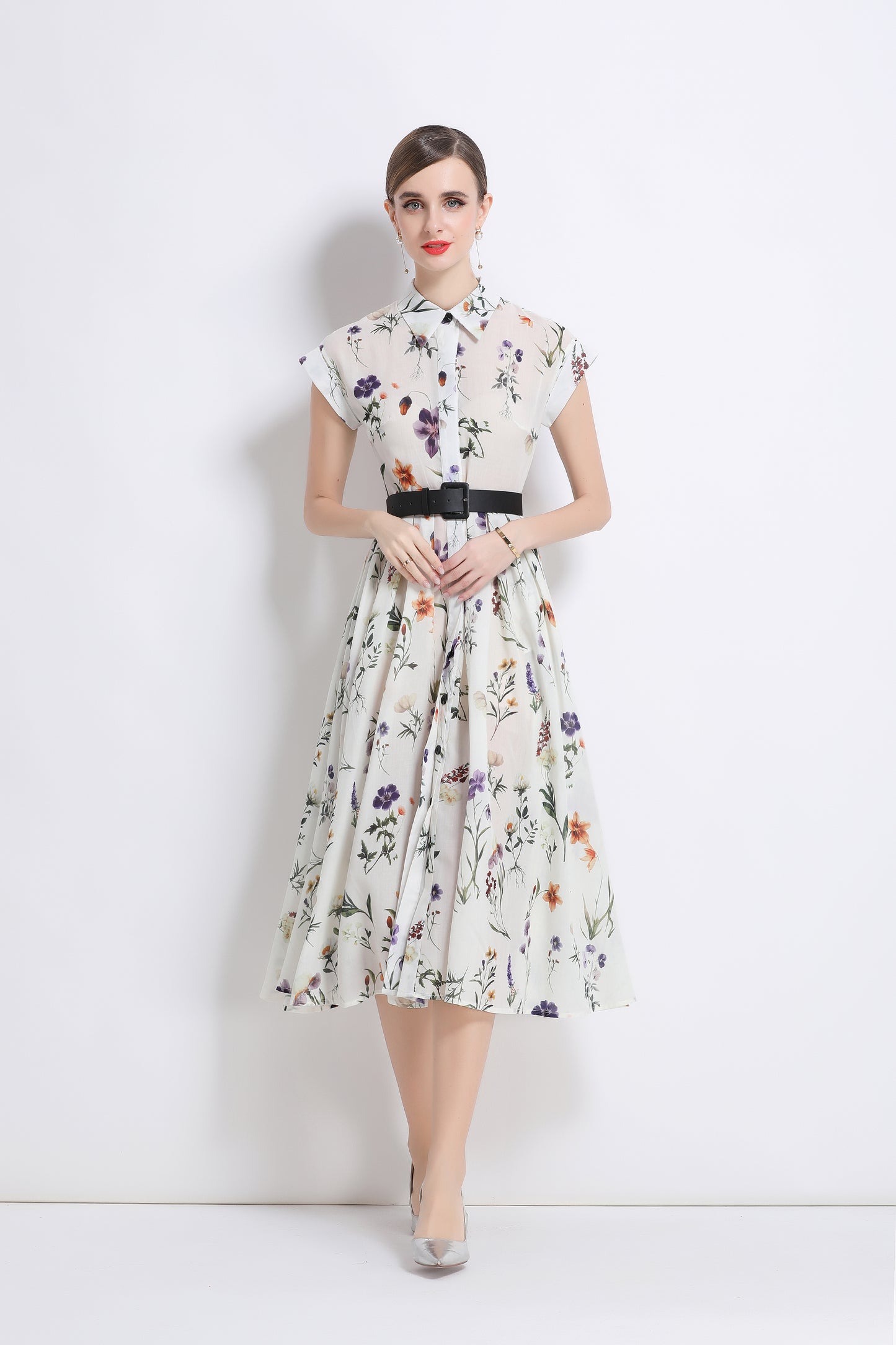 Women's Short Sleeves Collar Printed Buttons Midi Dress