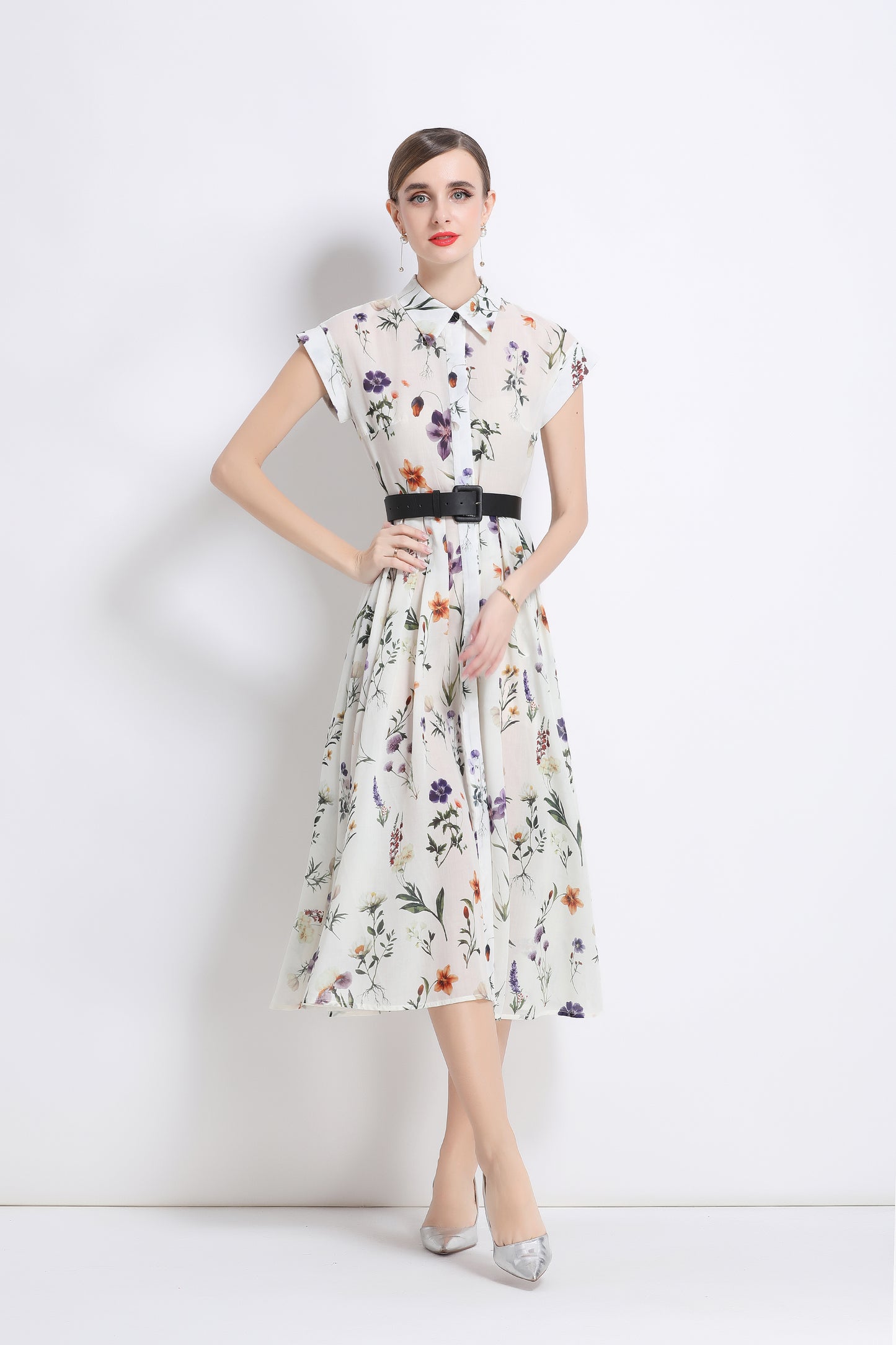 Women's Short Sleeves Collar Printed Buttons Midi Dress