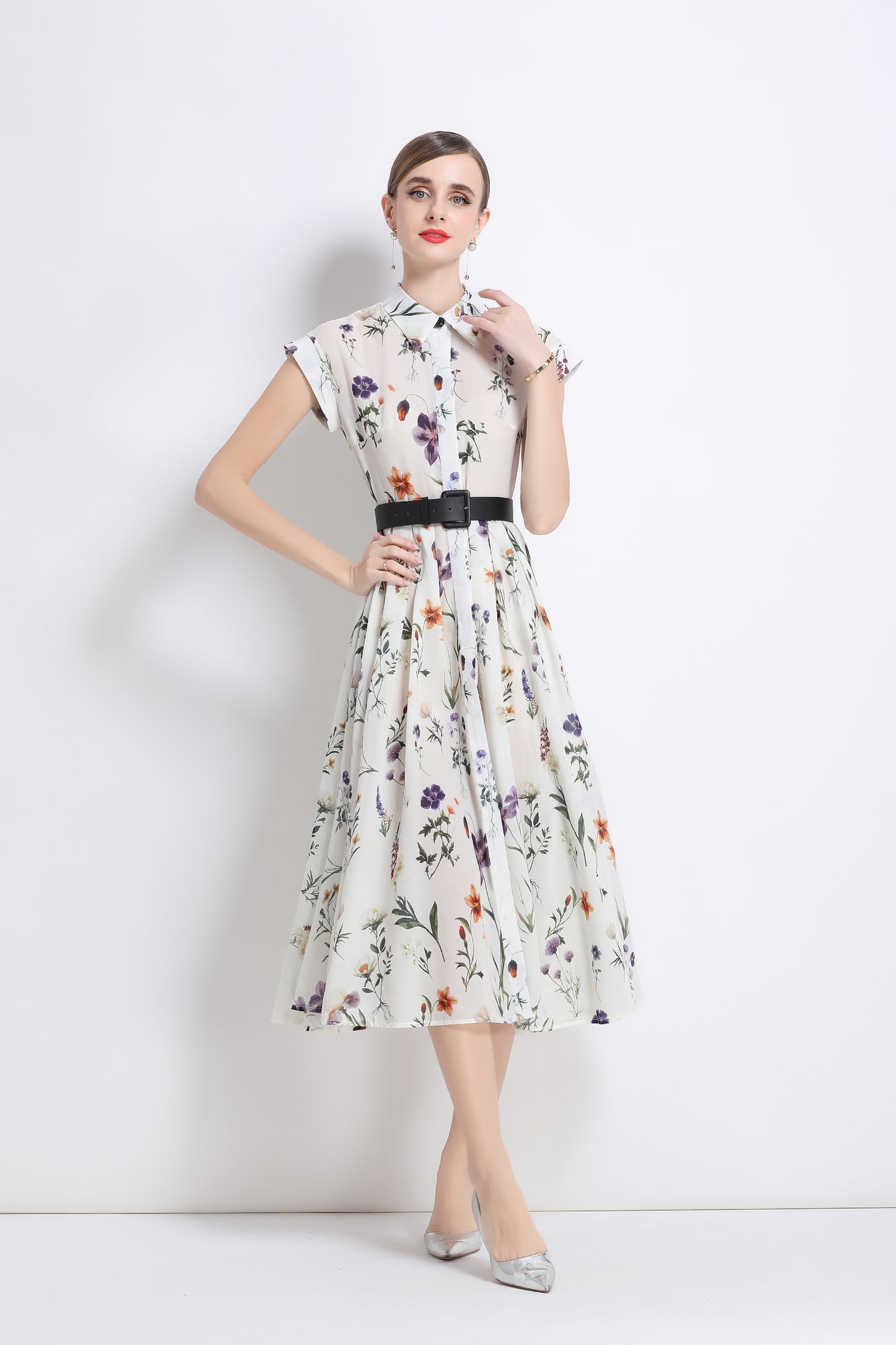 Women's Short Sleeves Collar Printed Buttons Midi Dress