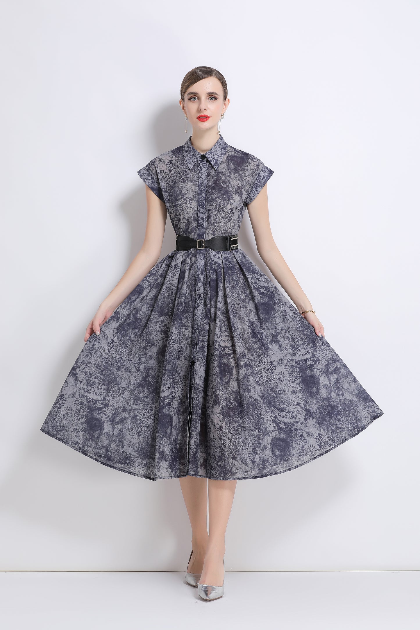 Women's Short Sleeves Collar Printed Buttons Midi Dress