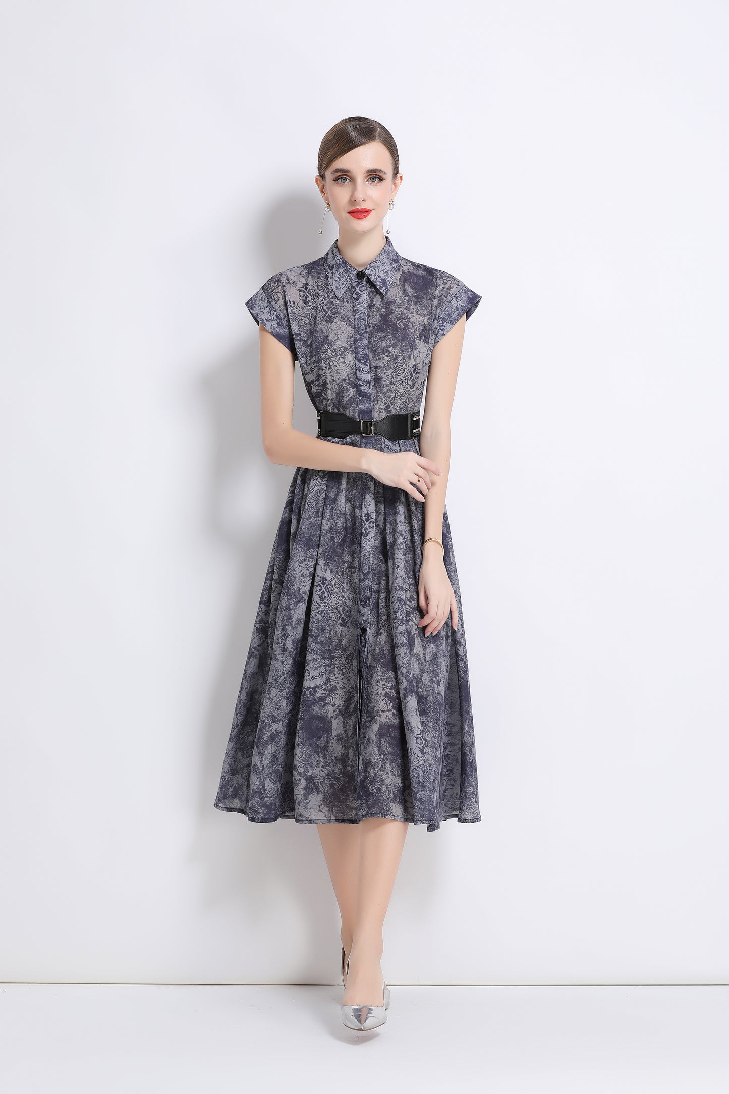 Women's Short Sleeves Collar Printed Buttons Midi Dress