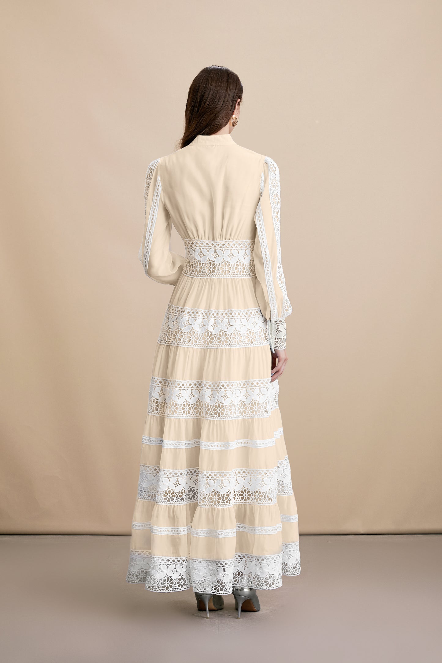 Women's Yellow V-Neck Boho Chic Lace Tiered Maxi Dress - LAI MENG FIVE CATS