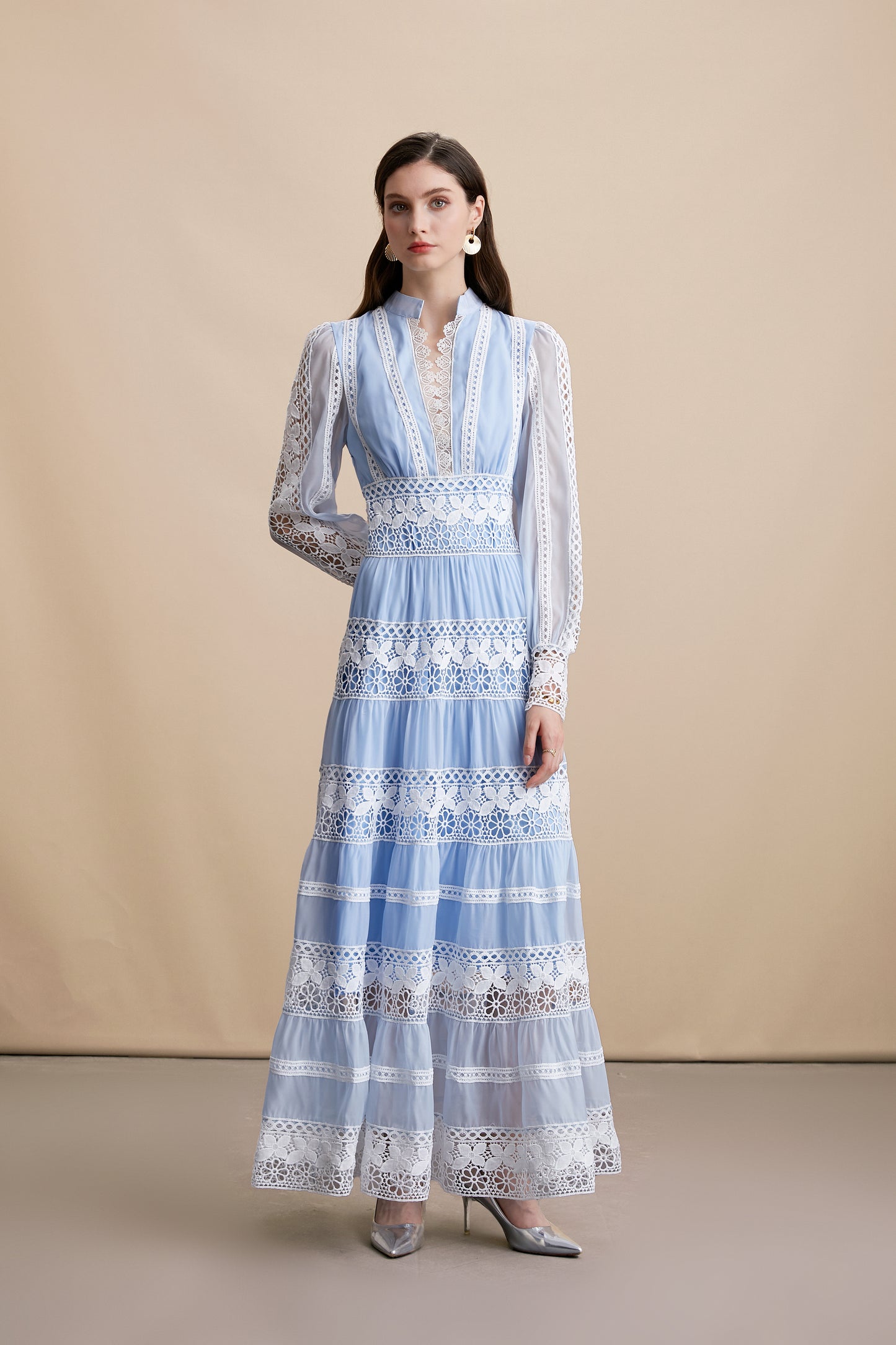Women's Blue V-Neck Boho Chic Lace Tiered Maxi Dress - LAI MENG FIVE CATS