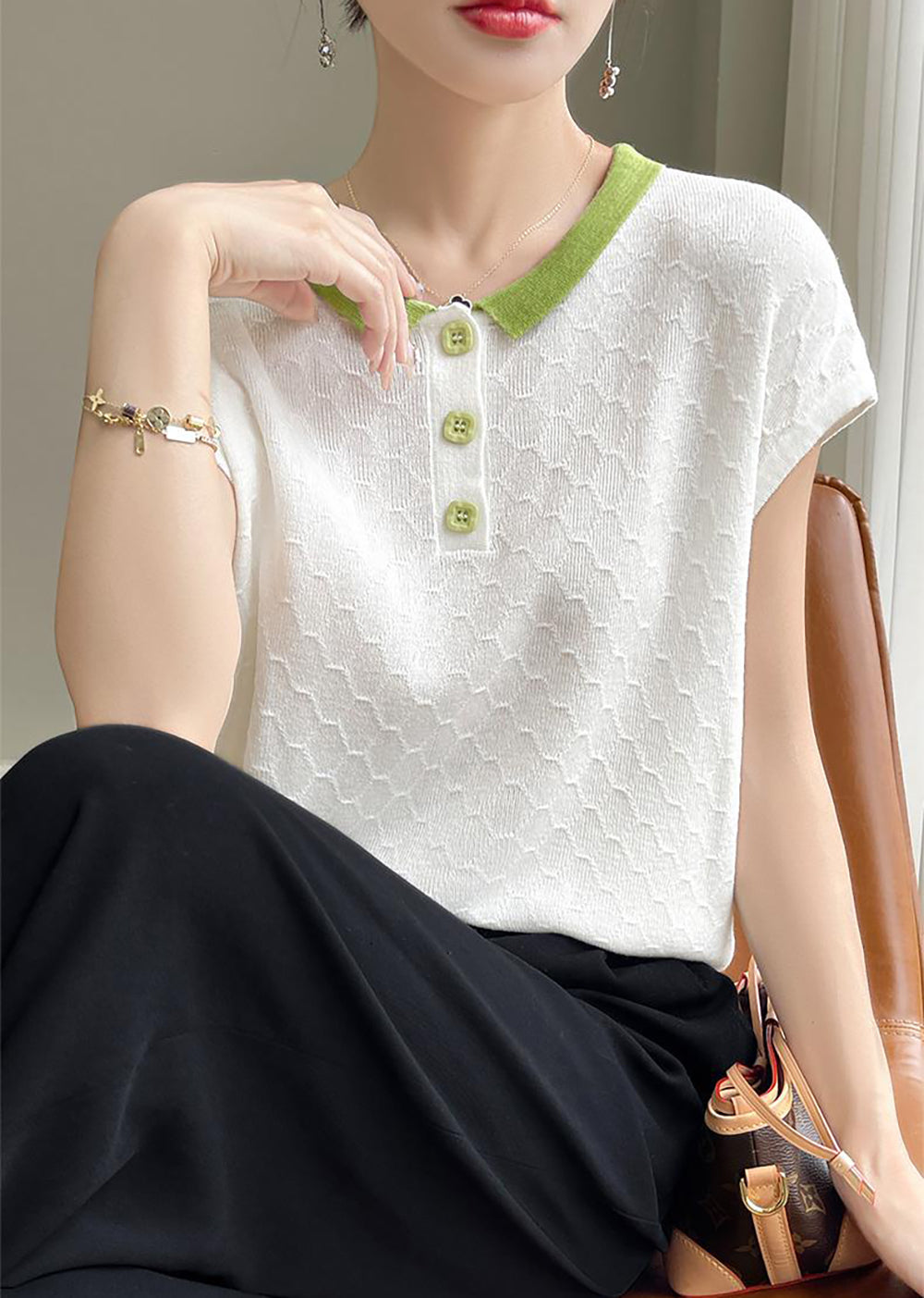 Women's Knit Tops Henley Shirts Color Block Blouse