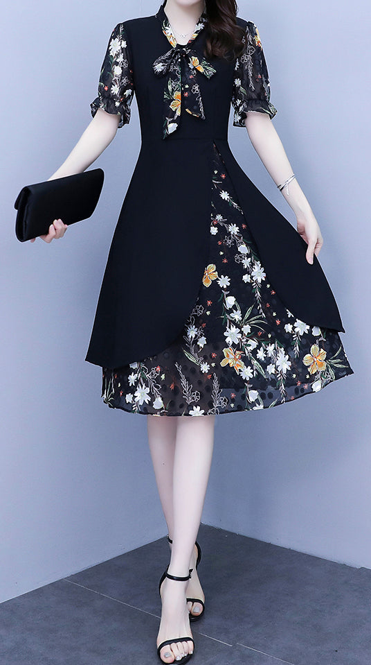 Floral Short Sleeve Tie-Neck Midi Dress