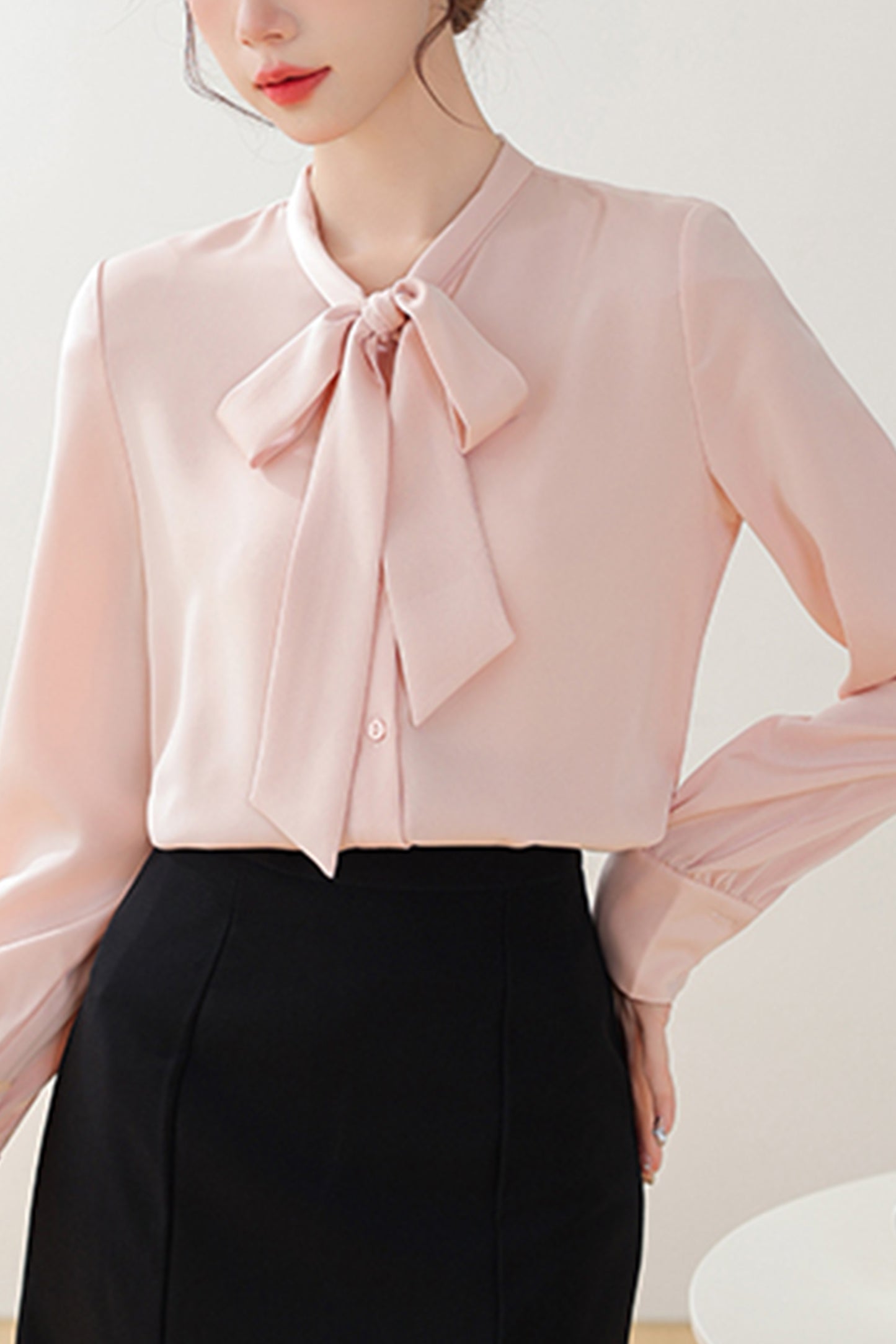 Women's Stain Shirt Tie Neck Long Sleeve Blouse Top