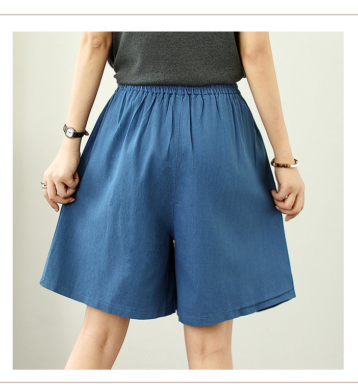 Women's High Waisted Baggy Jean Wide Leg Denim Shorts - LAI MENG FIVE CATS