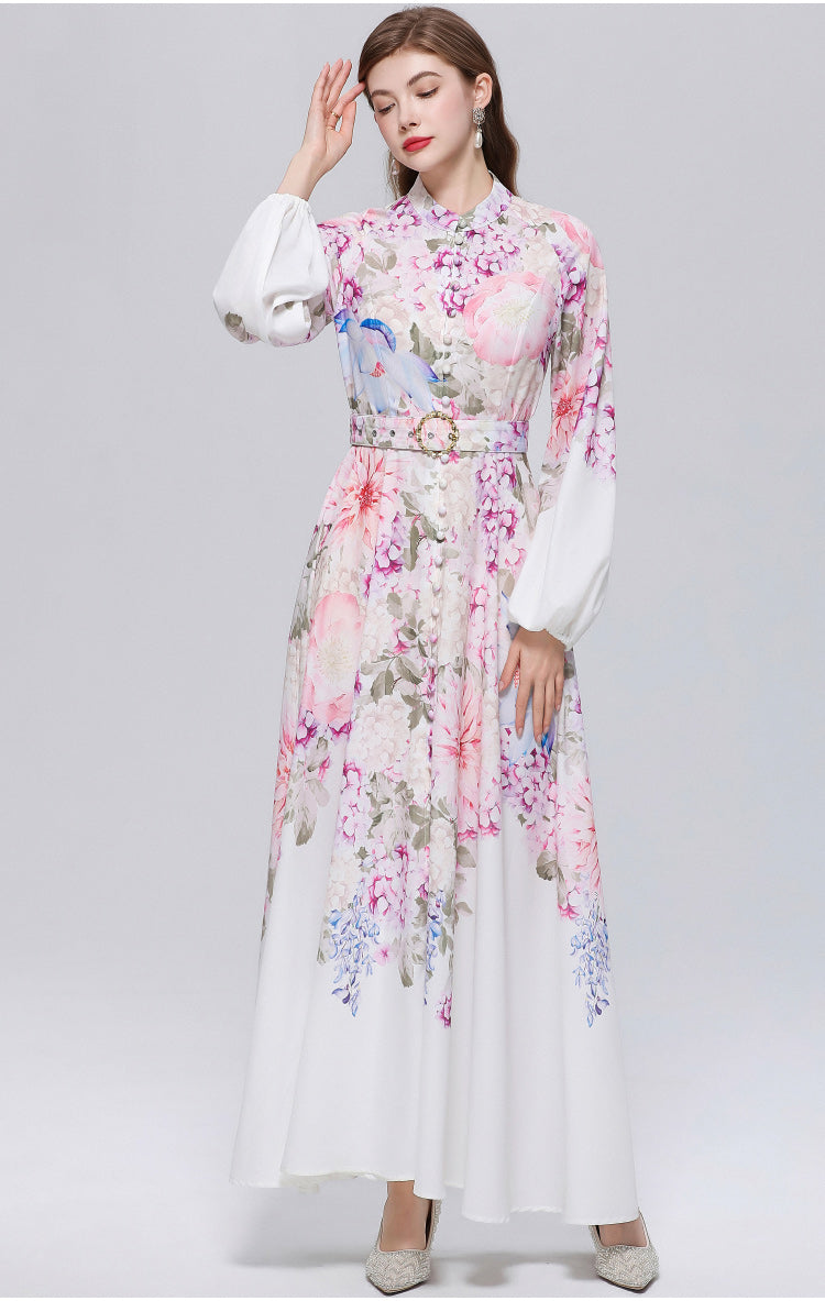 Women's Lantern Sleeve Floral Print Button Maxi Dress With Belts