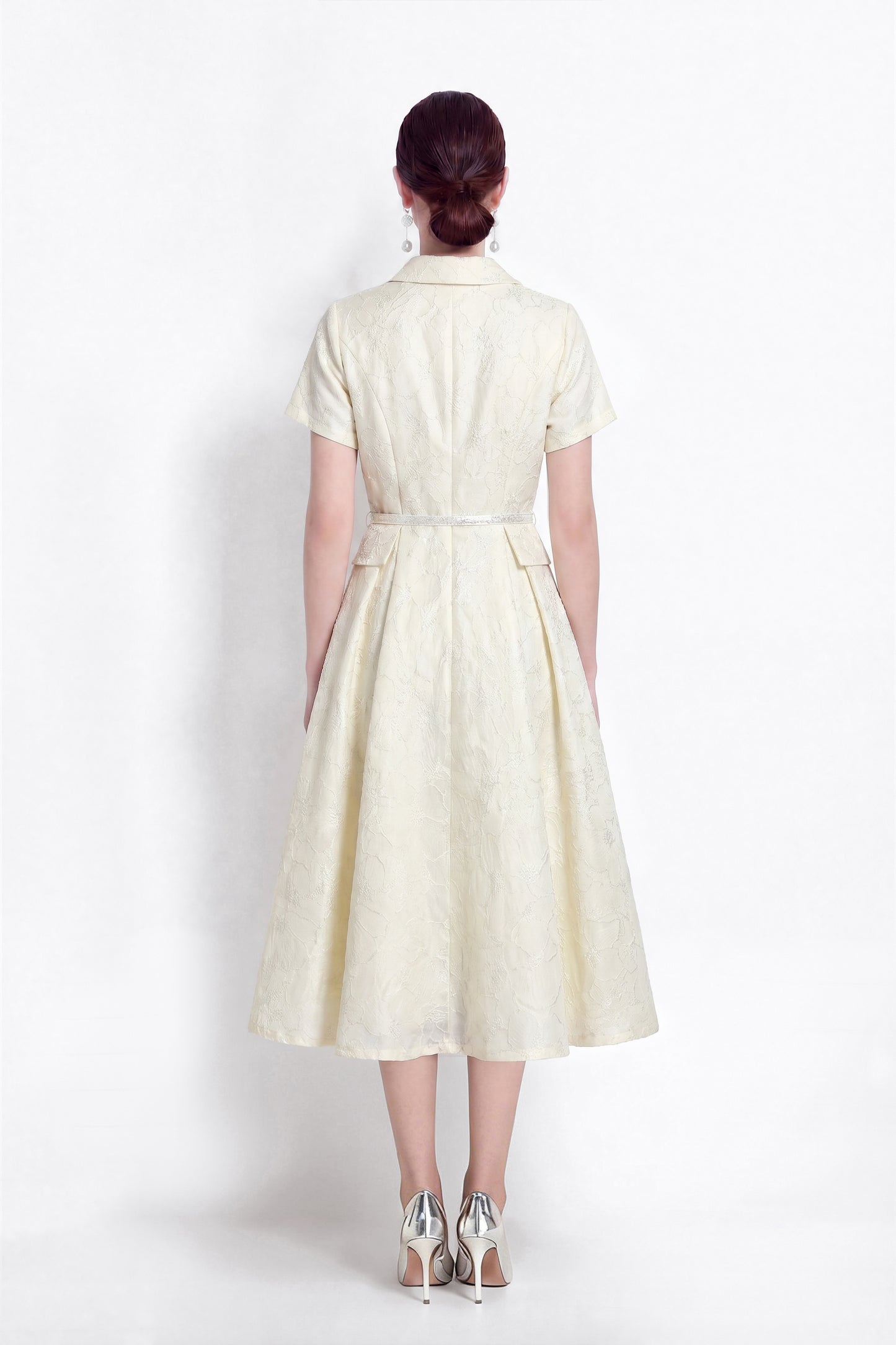 Luxury Jacquard Button-Front A-Line Midi Dress with Belt - LAI MENG FIVE CATS