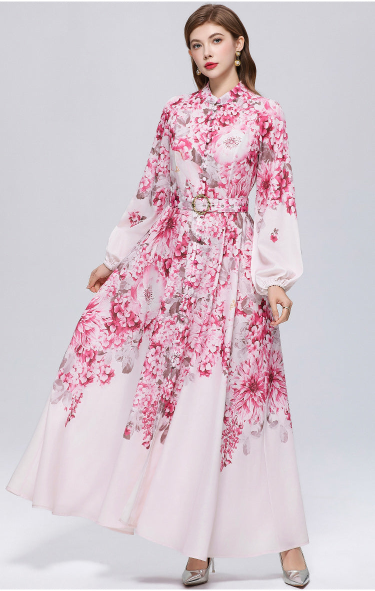 Women's Lantern Sleeve Floral Print Button Maxi Dress With Belts