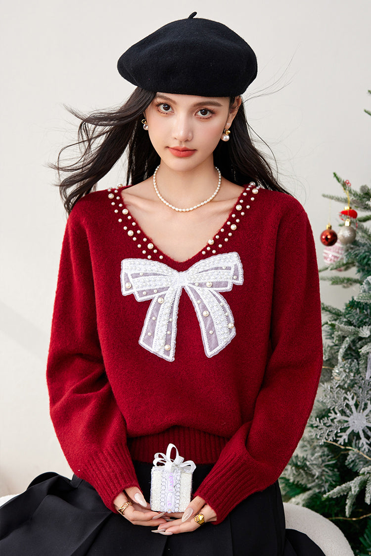 SD-Bow Sparkling Beads Pullover Sweater - LAI MENG FIVE CATS