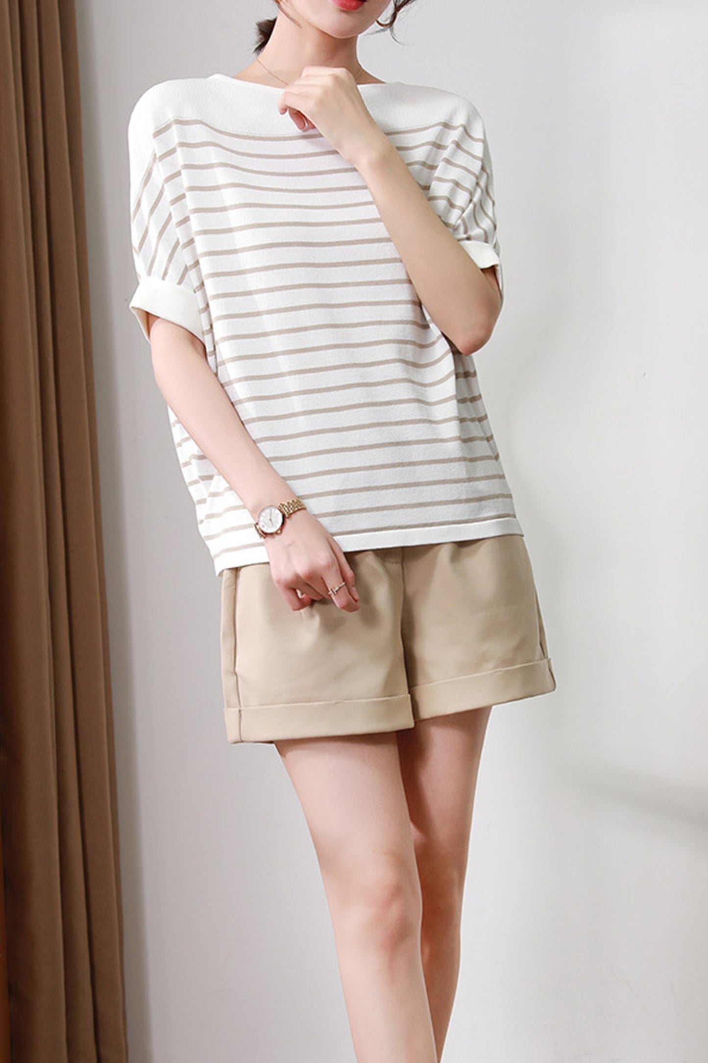 Women's Batwing Sleeves Knitted Striped Pullovers Tops