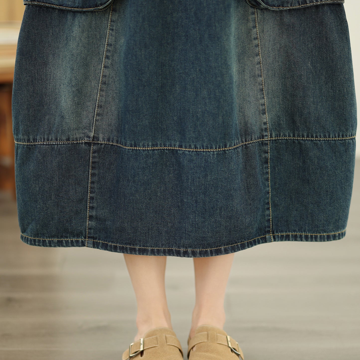 Women's Denim Drawstring Waist Pockets Jean Skirt - LAI MENG FIVE CATS