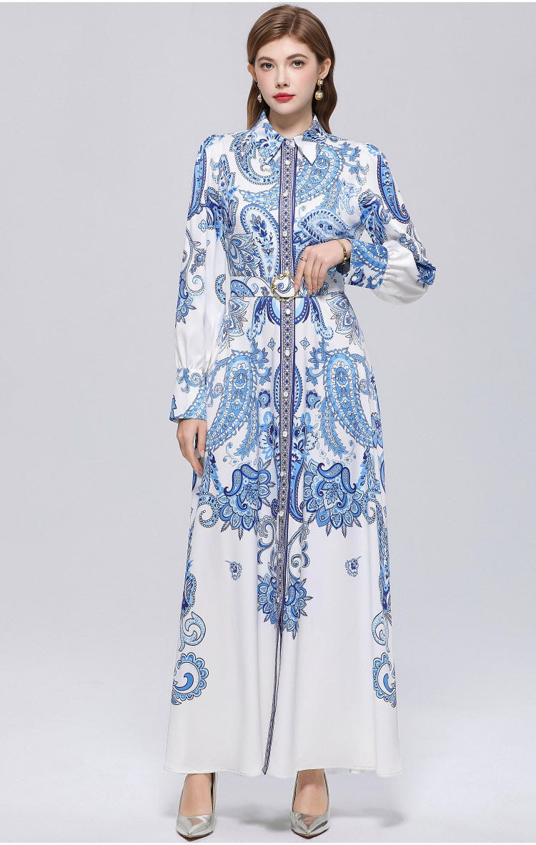 Women's Floral Print Button Maxi Dress With Belts