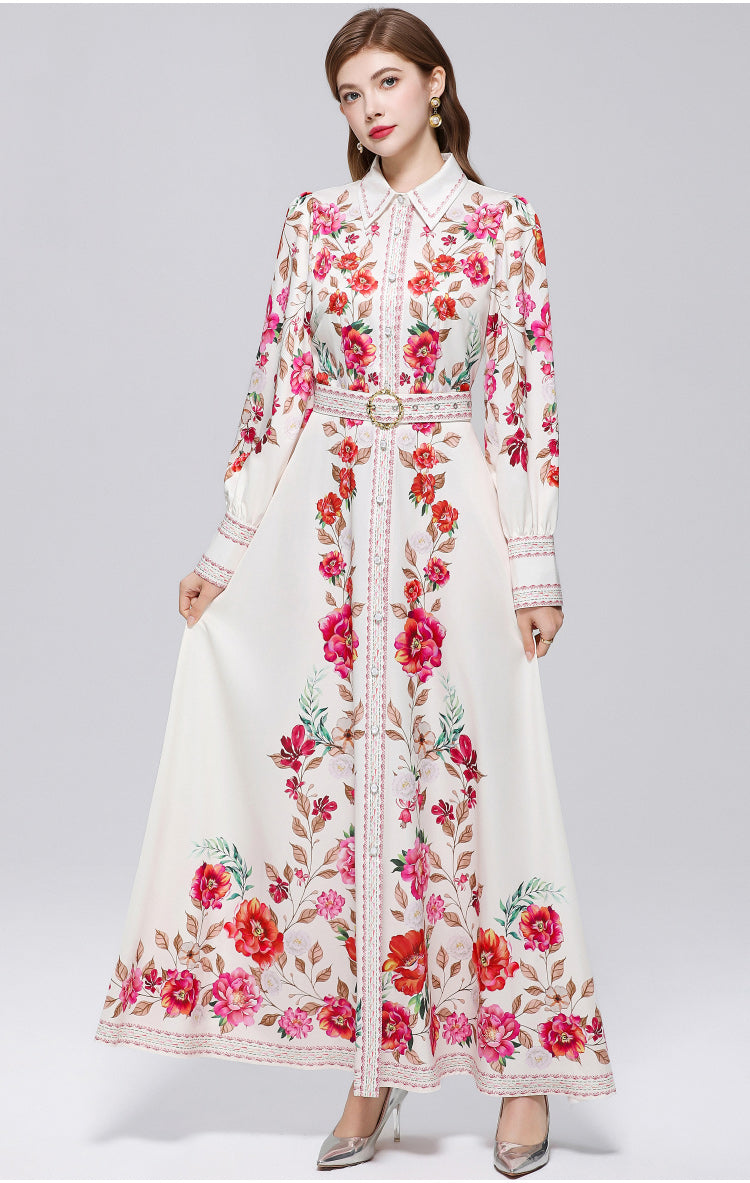 Women's Floral Print Button Maxi Dress With Belts