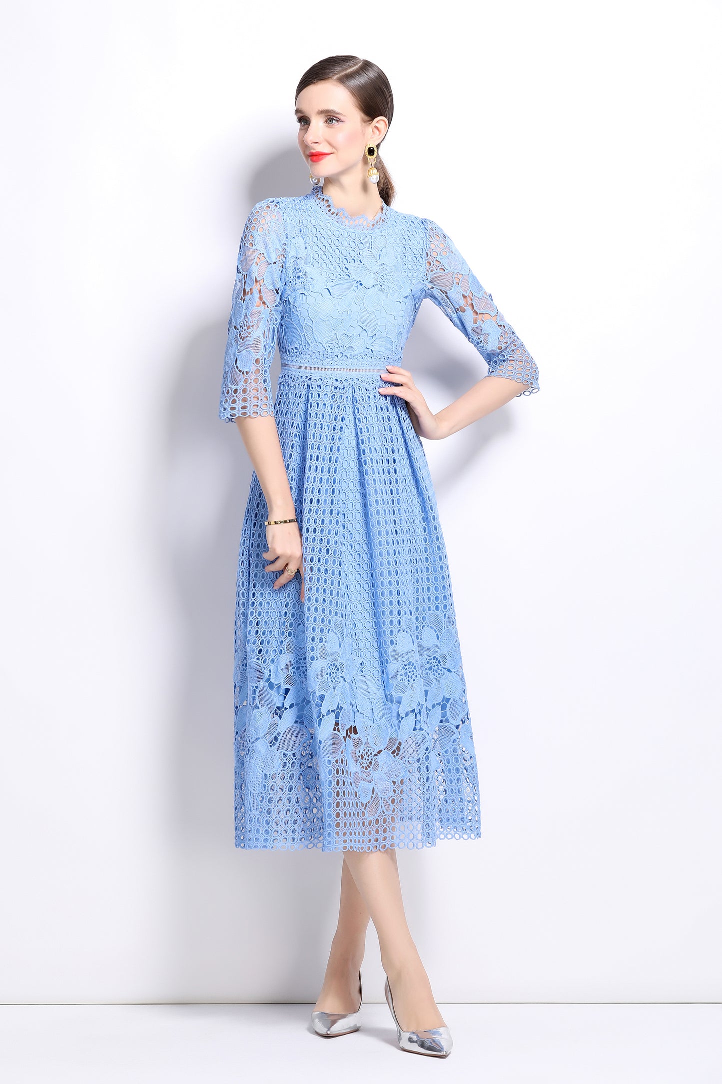 BK-Womens Floral Lace Hollow Crochet Waist Cocktail Dress - LAI MENG FIVE CATS