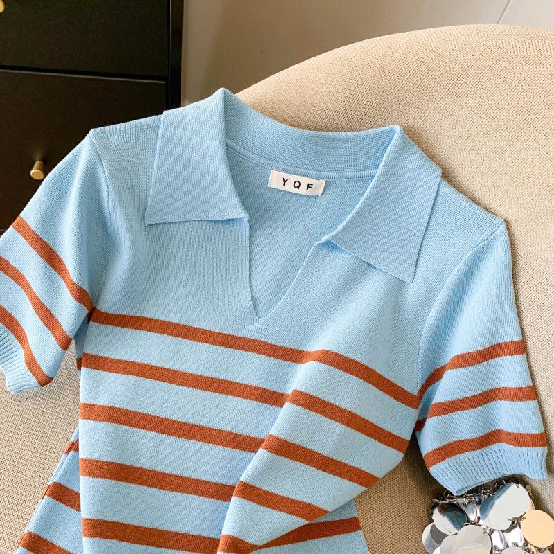 Stripe Polo Knit Top – Lightweight Everyday Statement - LAI MENG FIVE CATS