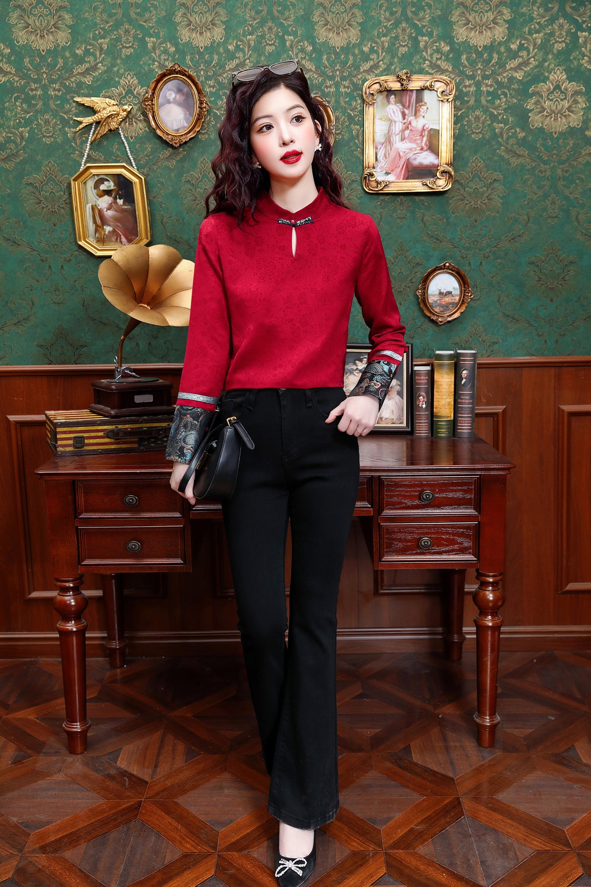 Women's Silk Satin Mandarin Collar Long Sleeve Blouse Top - LAI MENG FIVE CATS