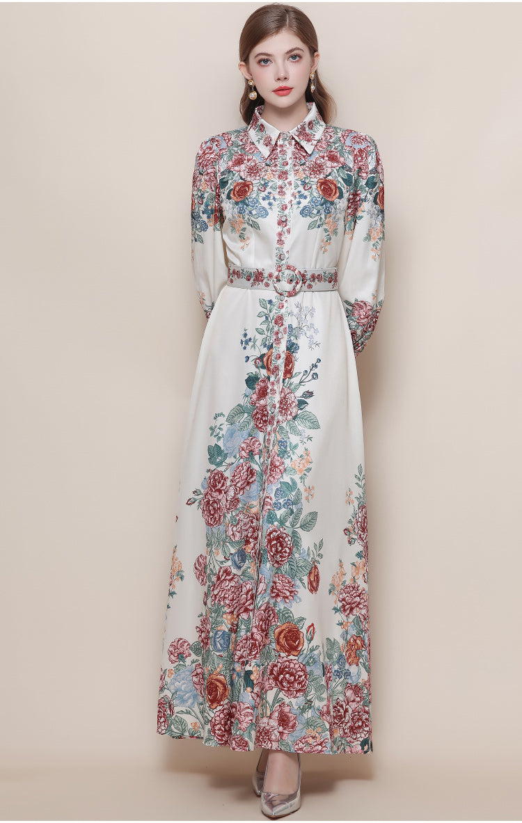 Women's Floral Print Button Maxi Dress With Belts