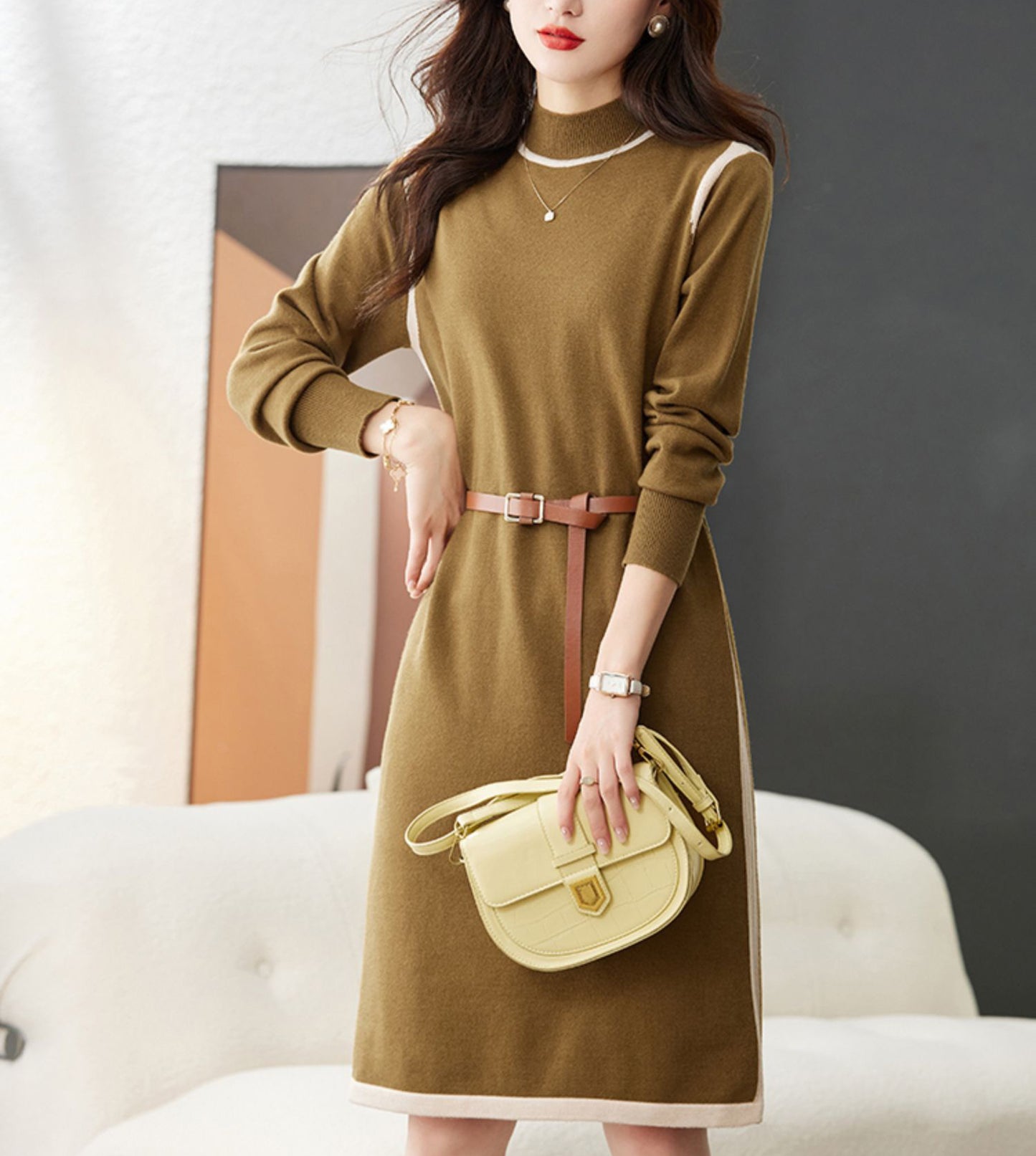 Women's Long Sleeve Sweater Knit Color Block Dress