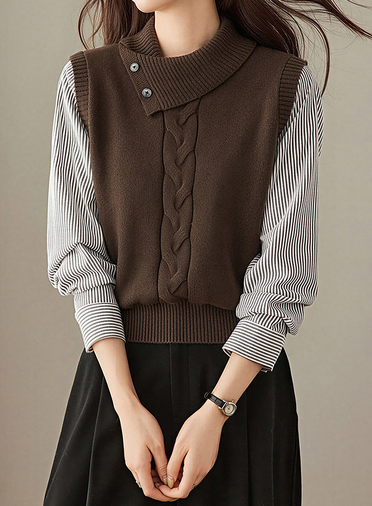 28726 Layered-Look Knit Sweater in Gray & Navy