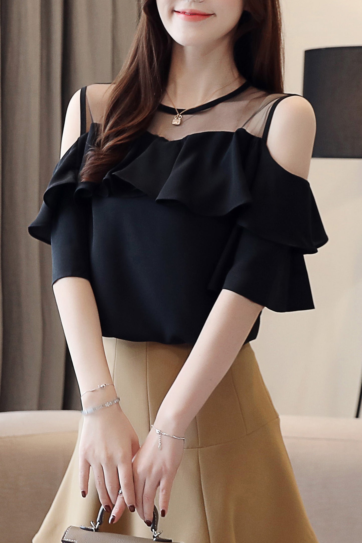 Women's Chiffon Ruffle Off Shoulder Mesh Blouse Top