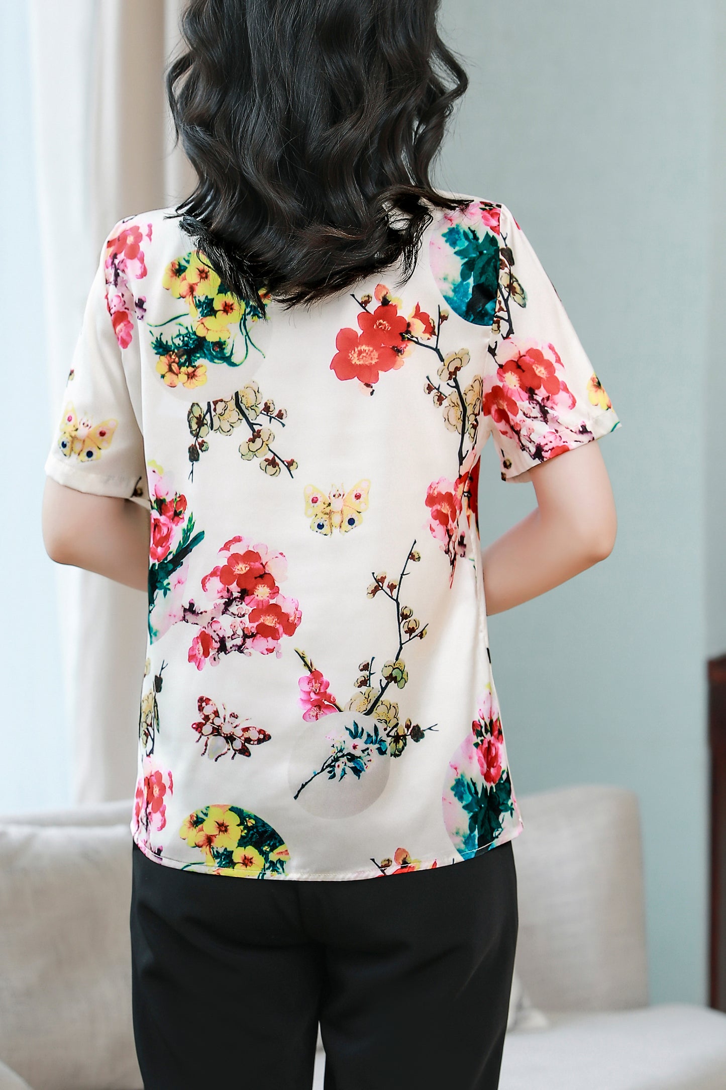 Women's Stain Floral Print Blouse Short Sleeve Tops